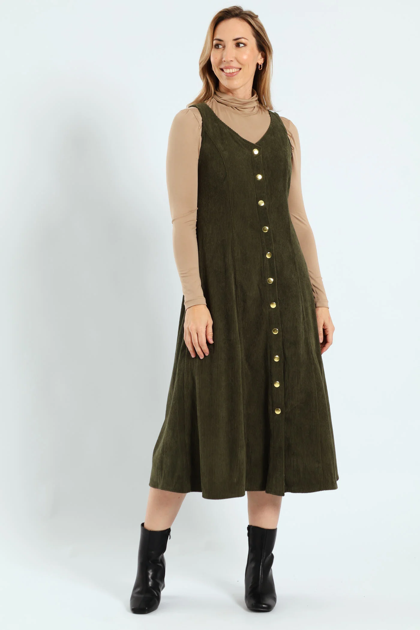 V-Neck Button Through Panelled Fit & Flare Corduroy Midi Dress - Dark Fatigue