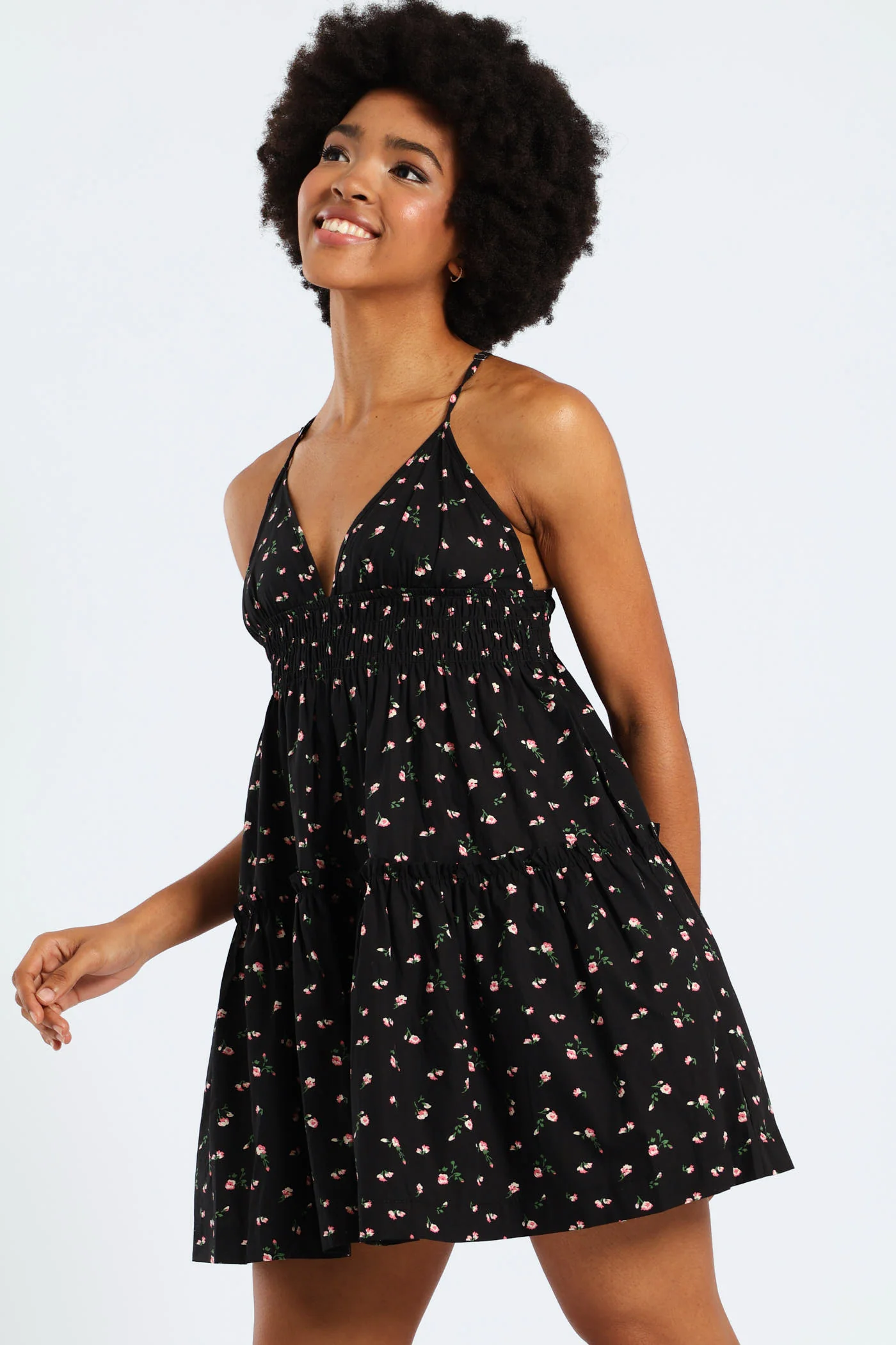 Strappy Babydoll Tiered Dress - Black