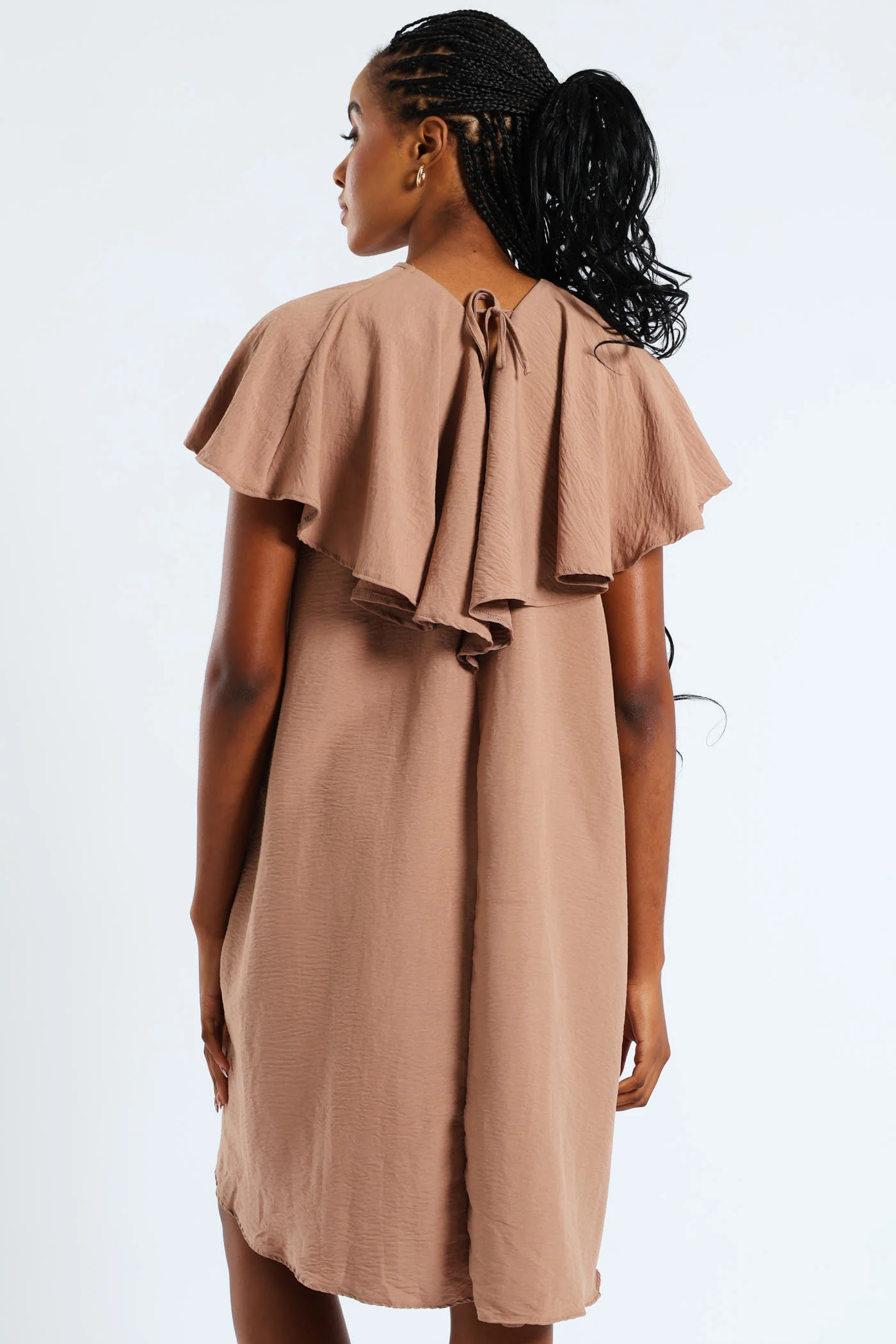Tie-Back Frill Cape Swing Mini Dress - Taupe