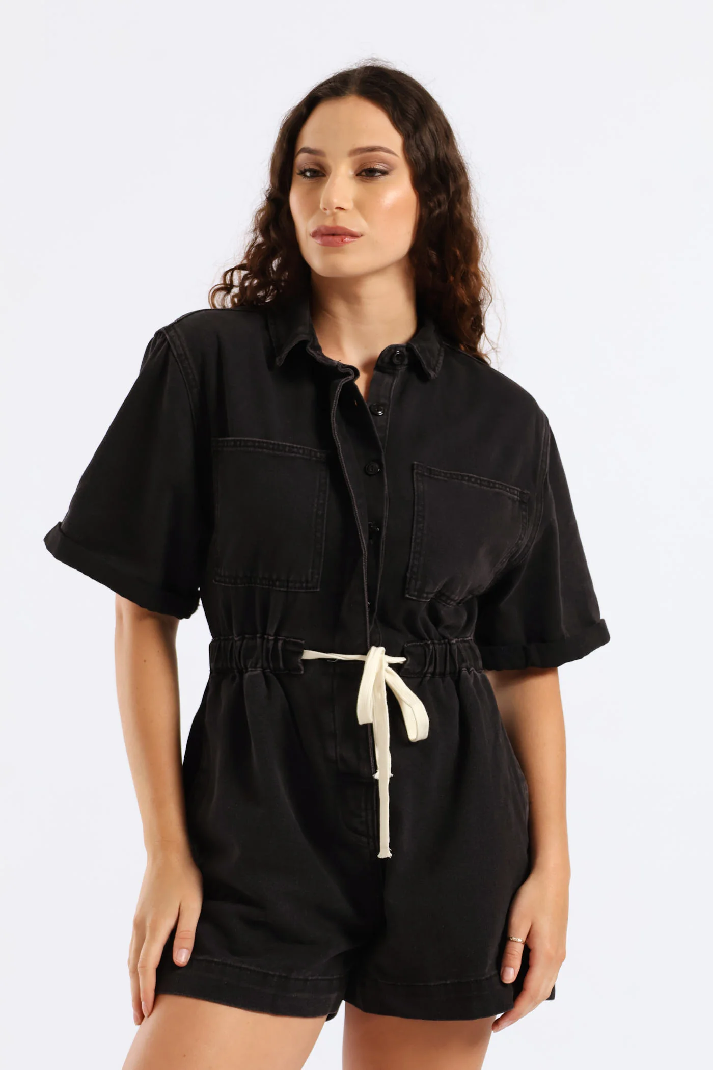 Denim Shortall Jumpsuit - Black