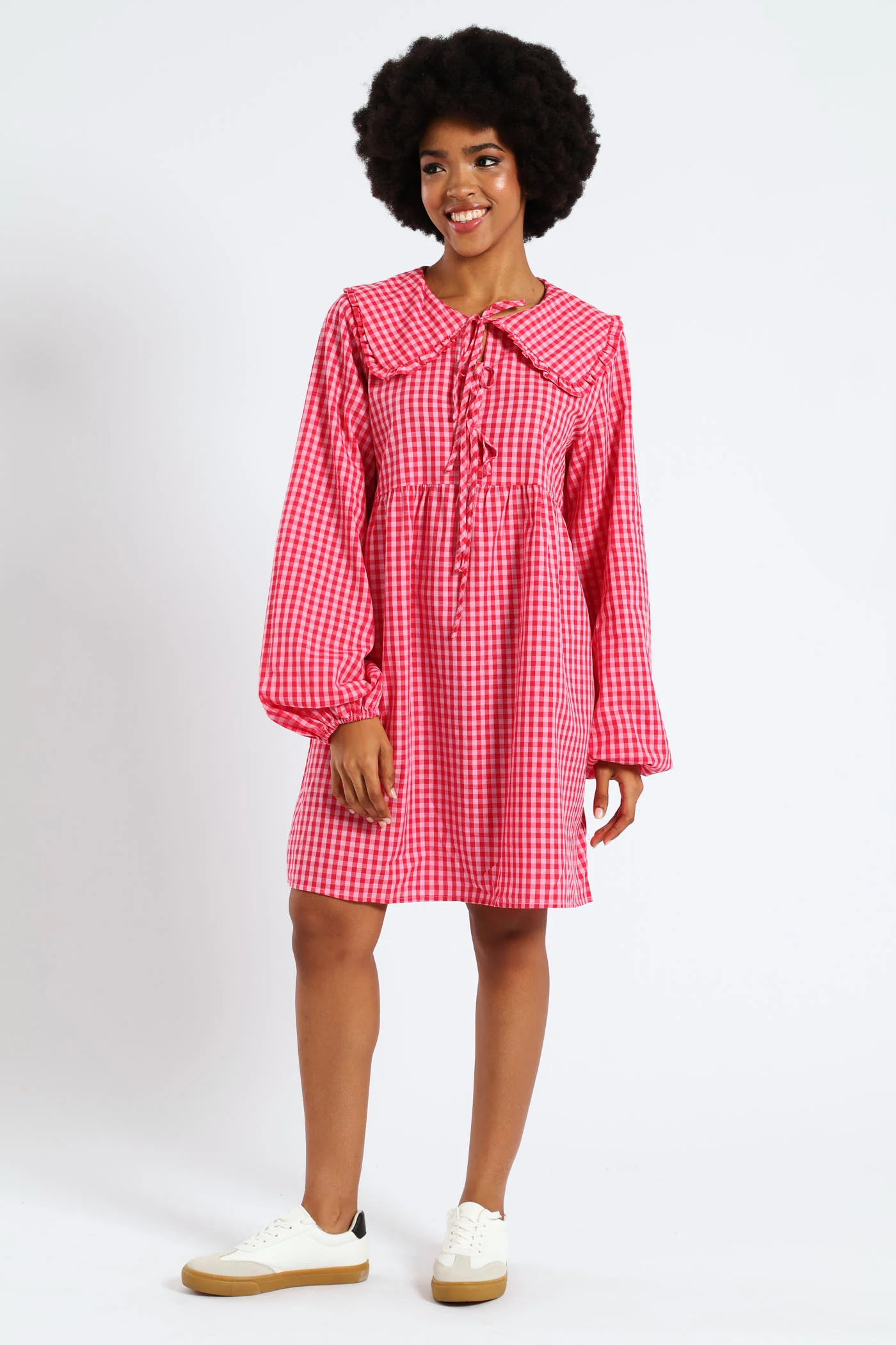 Bow & Collar Gingham Mini Dress - Red