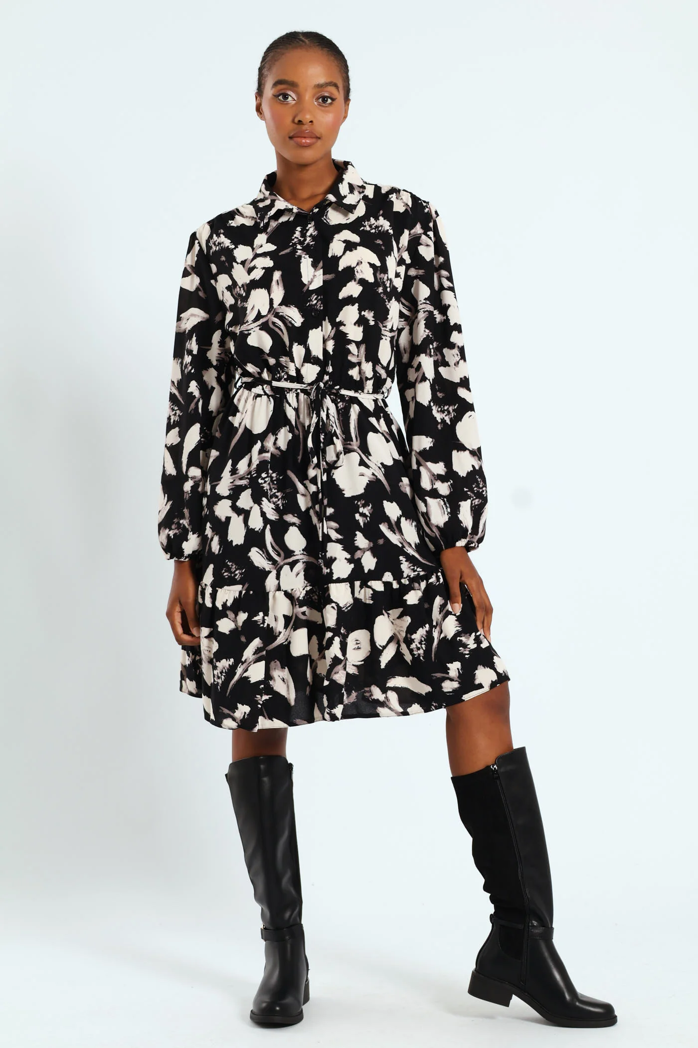 Button Through Monochrome Tiered Tea Dress