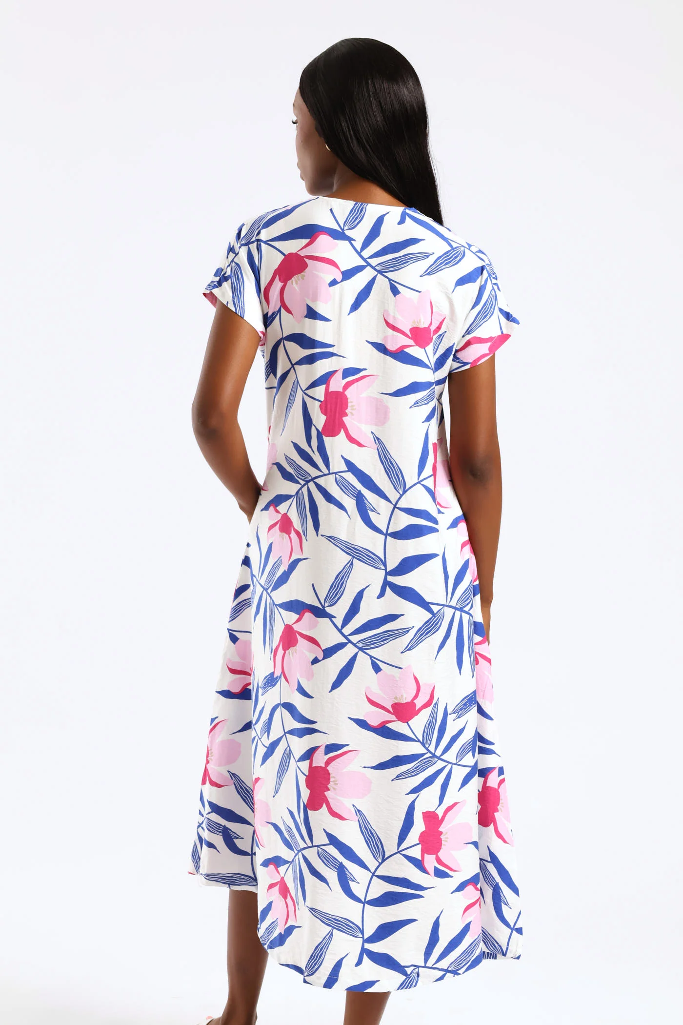 V-Neck Flared Kaftan Midi Dress - White/Blue