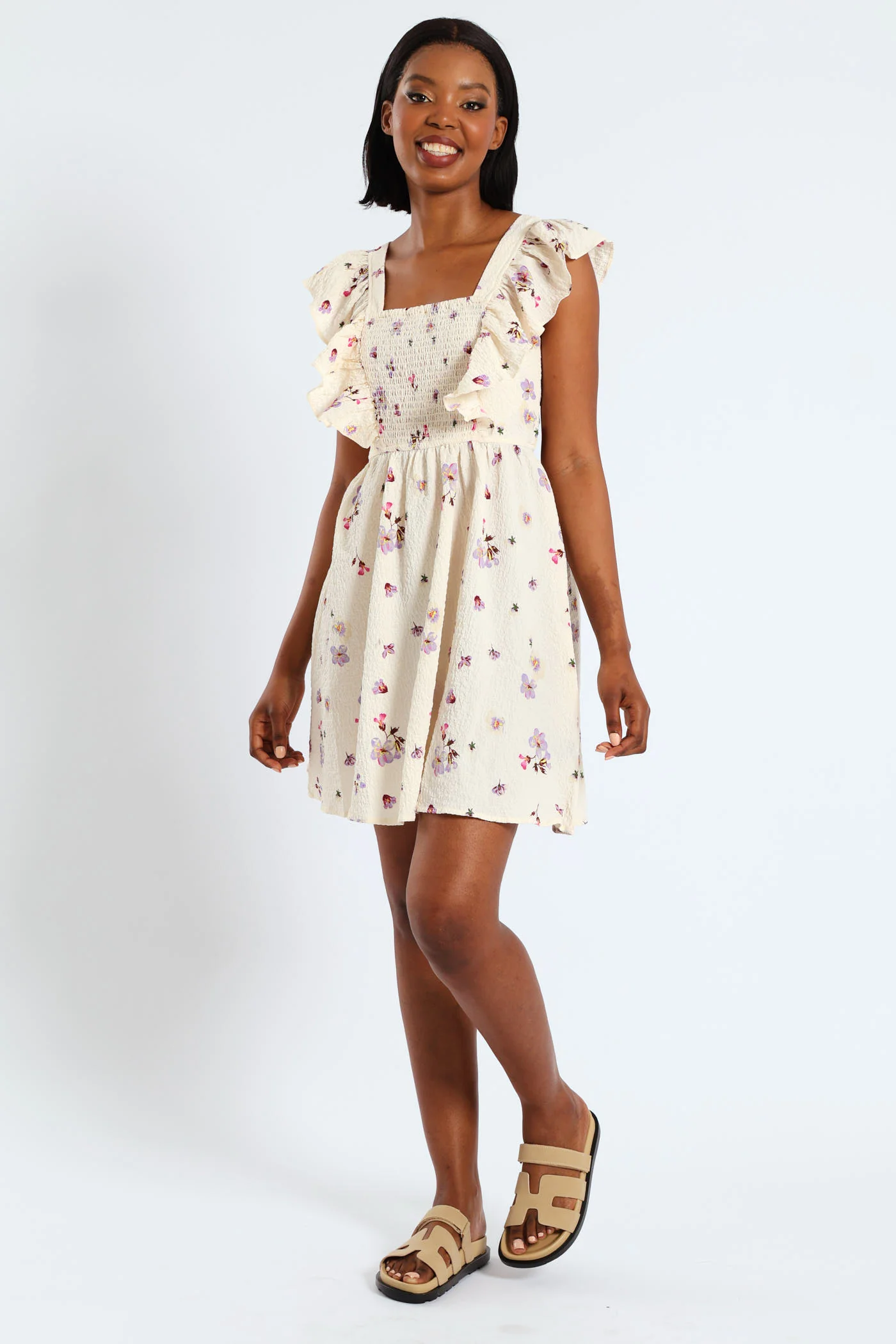 Postcard Frill Smock Mini Dress - Cream