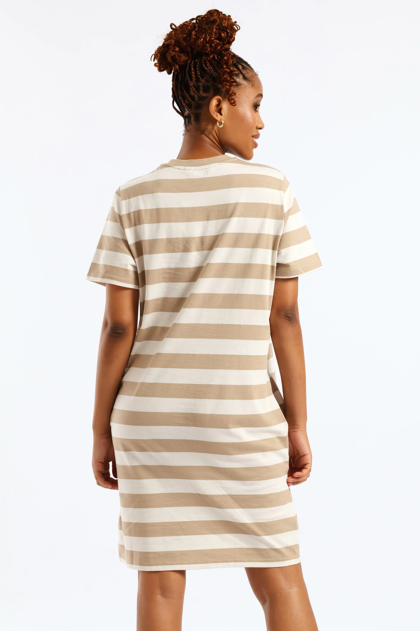 Crew Neck Stripe T-Shirt Dress - Beige/Mocha