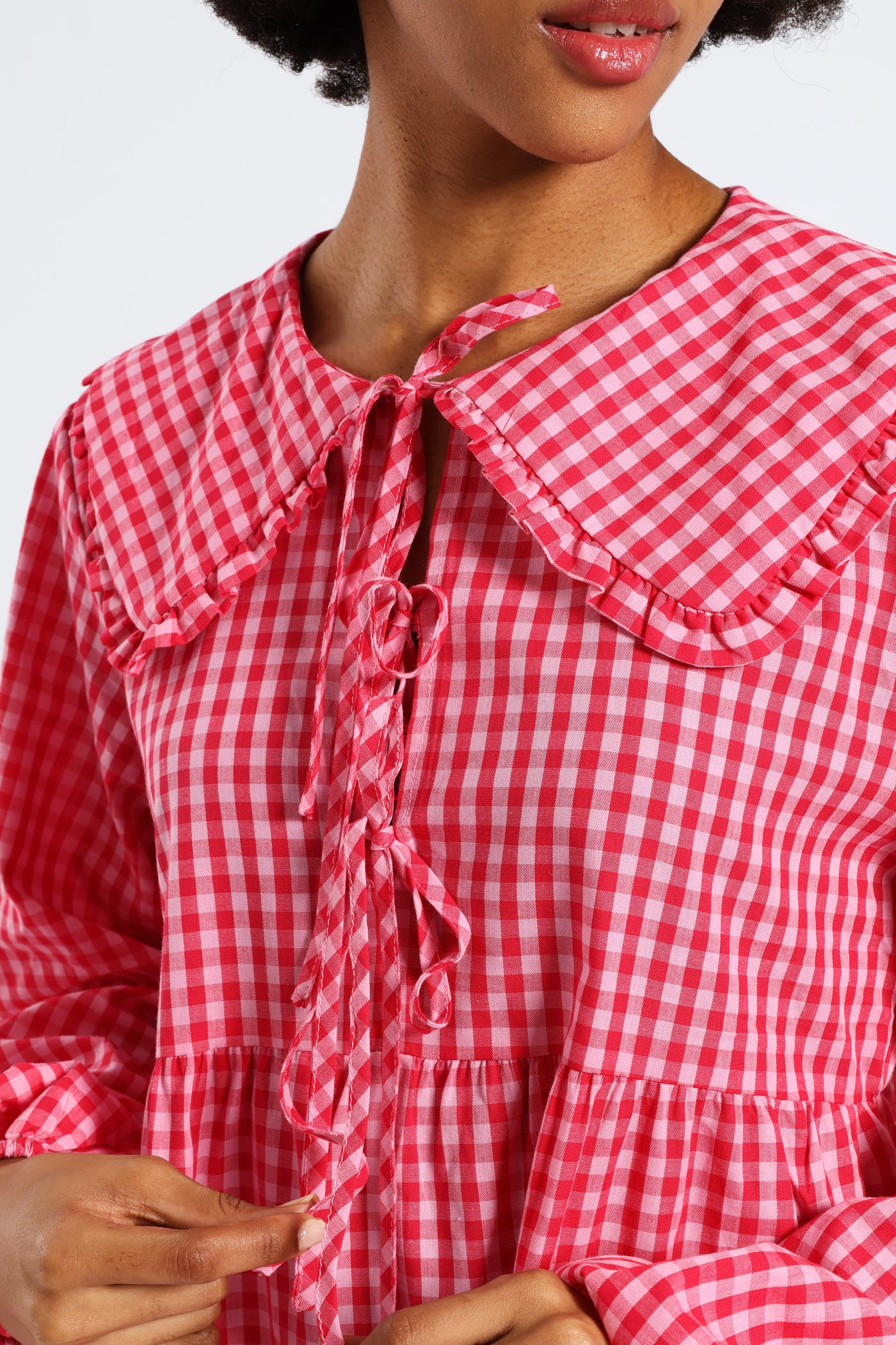 Bow & Collar Gingham Mini Dress - Red