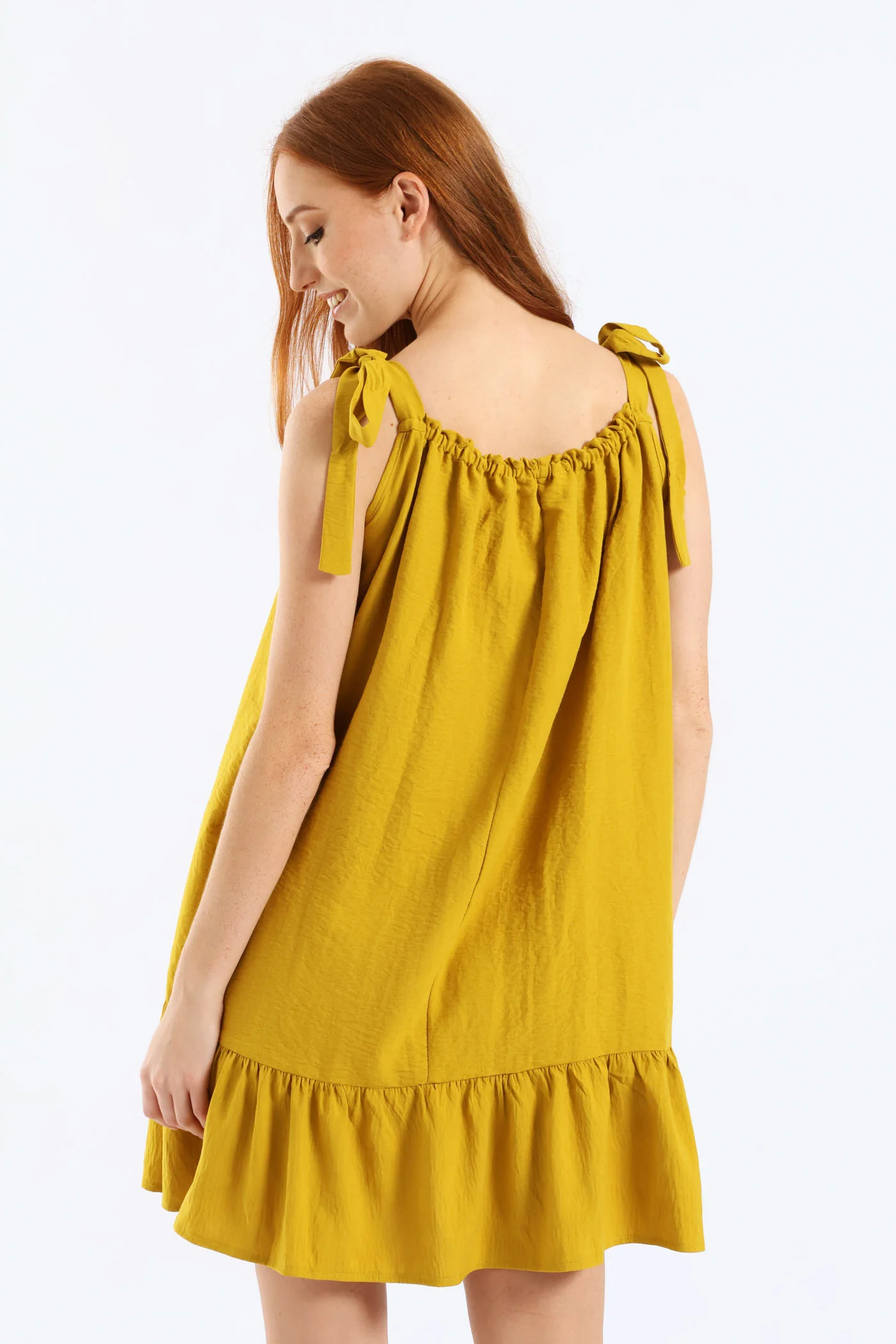 Shoulder Tie Frill Hem Mini Dress - Mustard