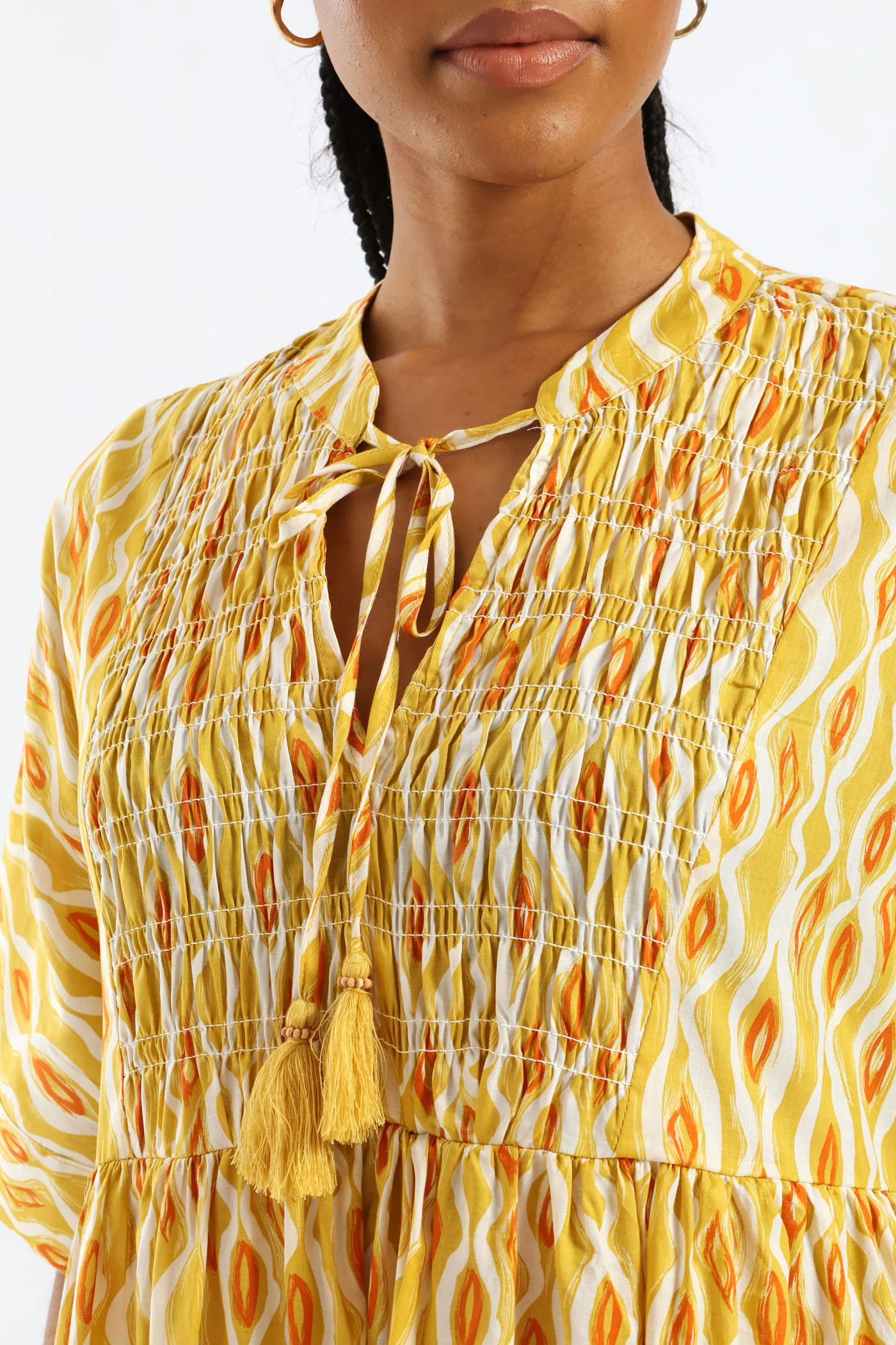 Mandarin Collar Shirred Bib Midi Dress - Ochre