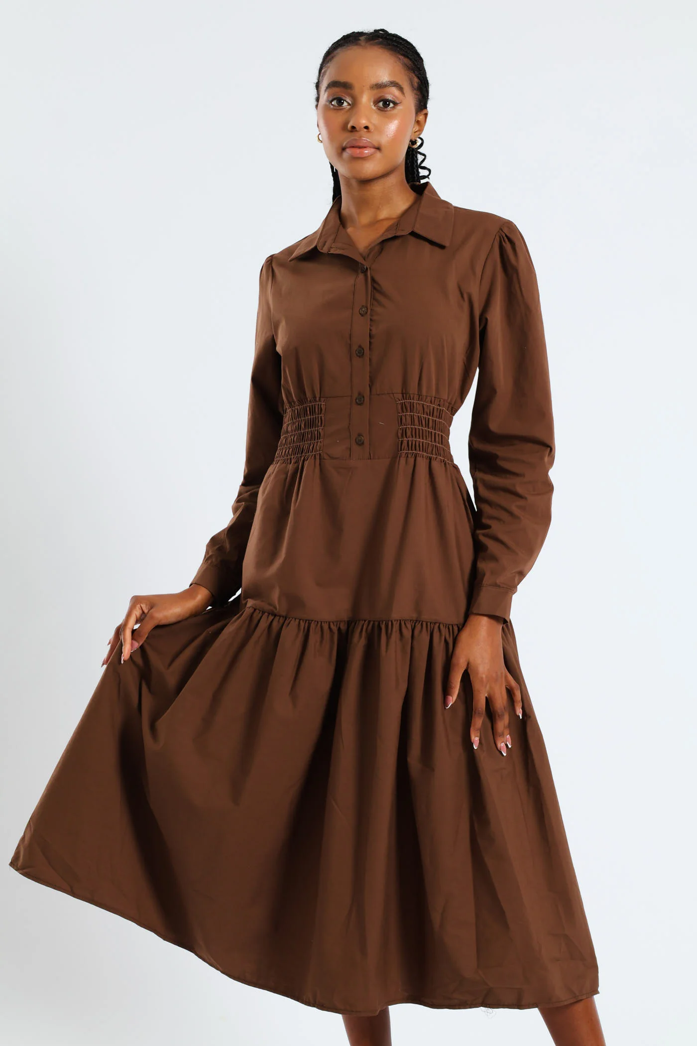 Long Sleeve Shirred Waist Tiered Midi Dress - Dark Brown
