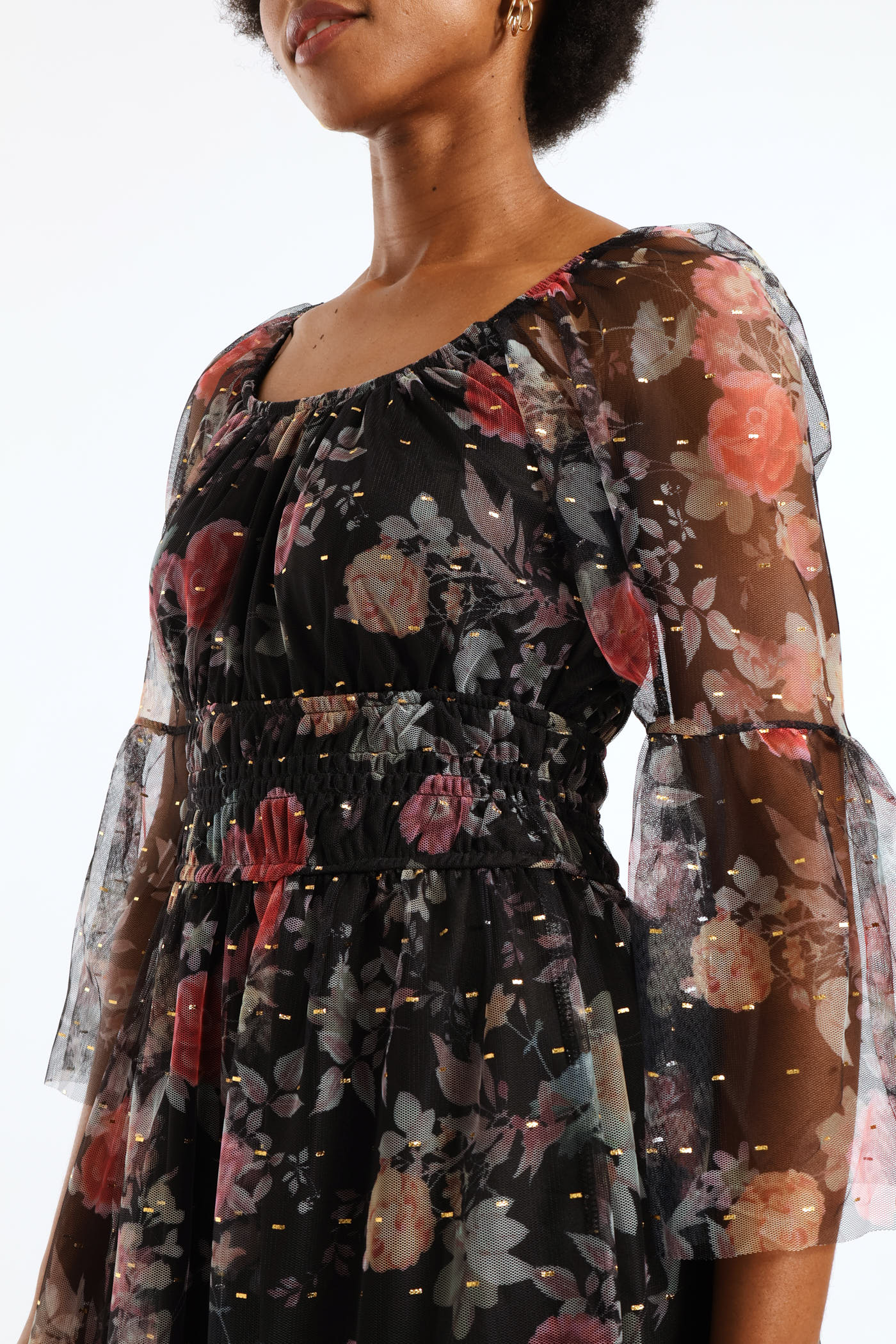 Shirred Waisted Tiered Mesh Maxi Dress - Black