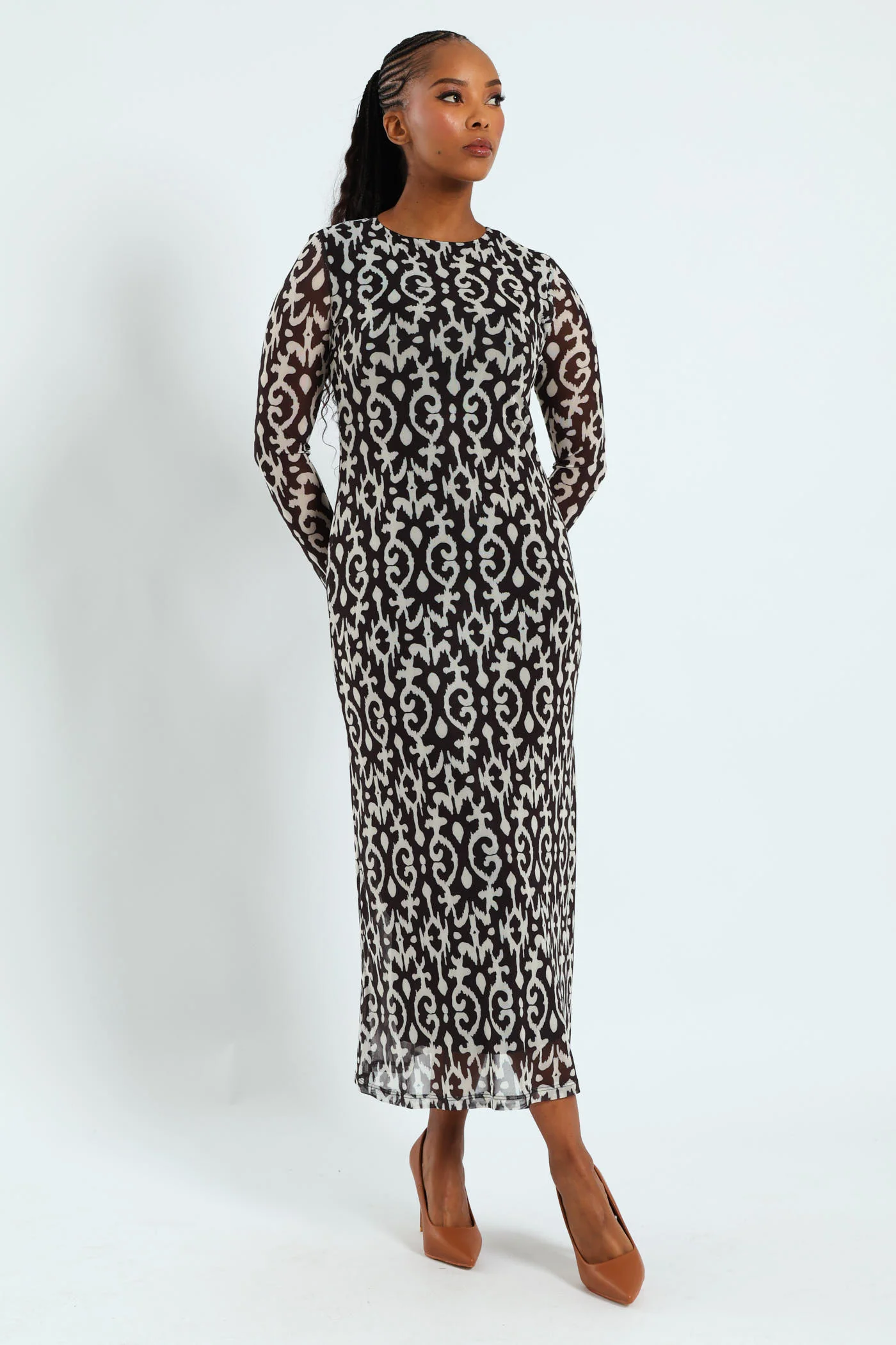 Printed Mesh A-Line Maxi Dress - Black/Cream