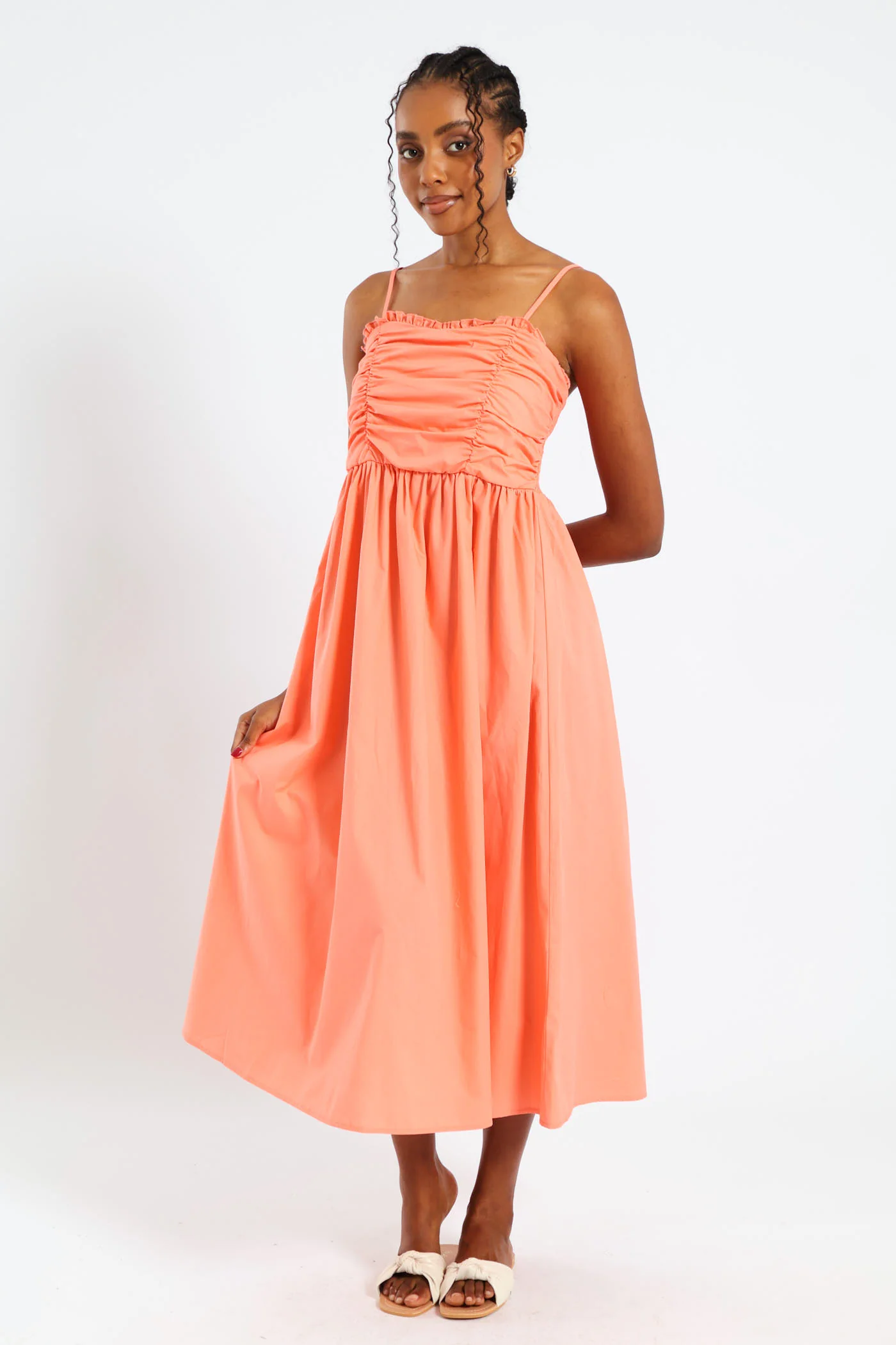 Strappy Ruched Bodice Midi Sundress - Light Coral