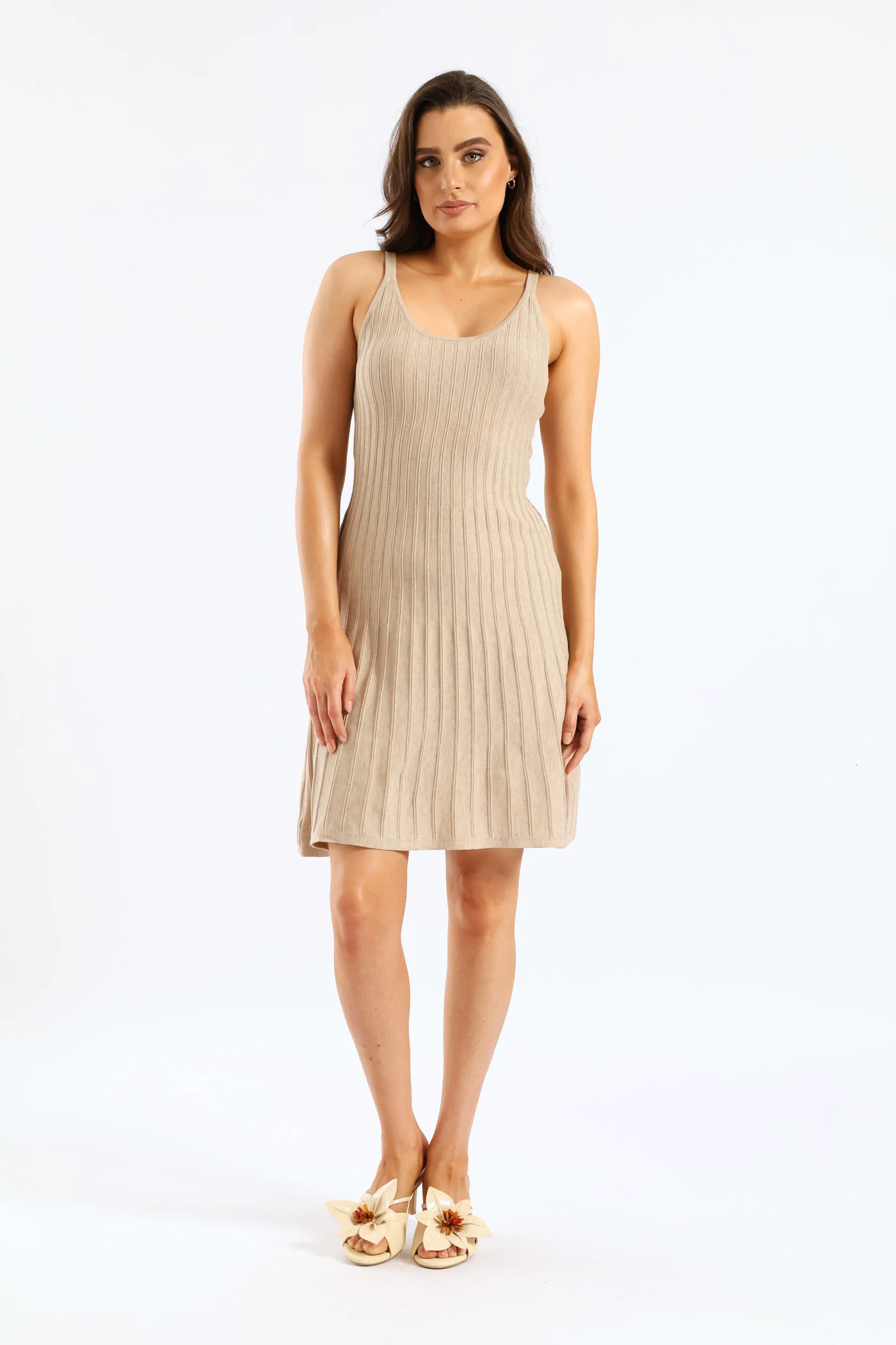 Scoop Neck Panelled Knitwear Skater Dress - Stone