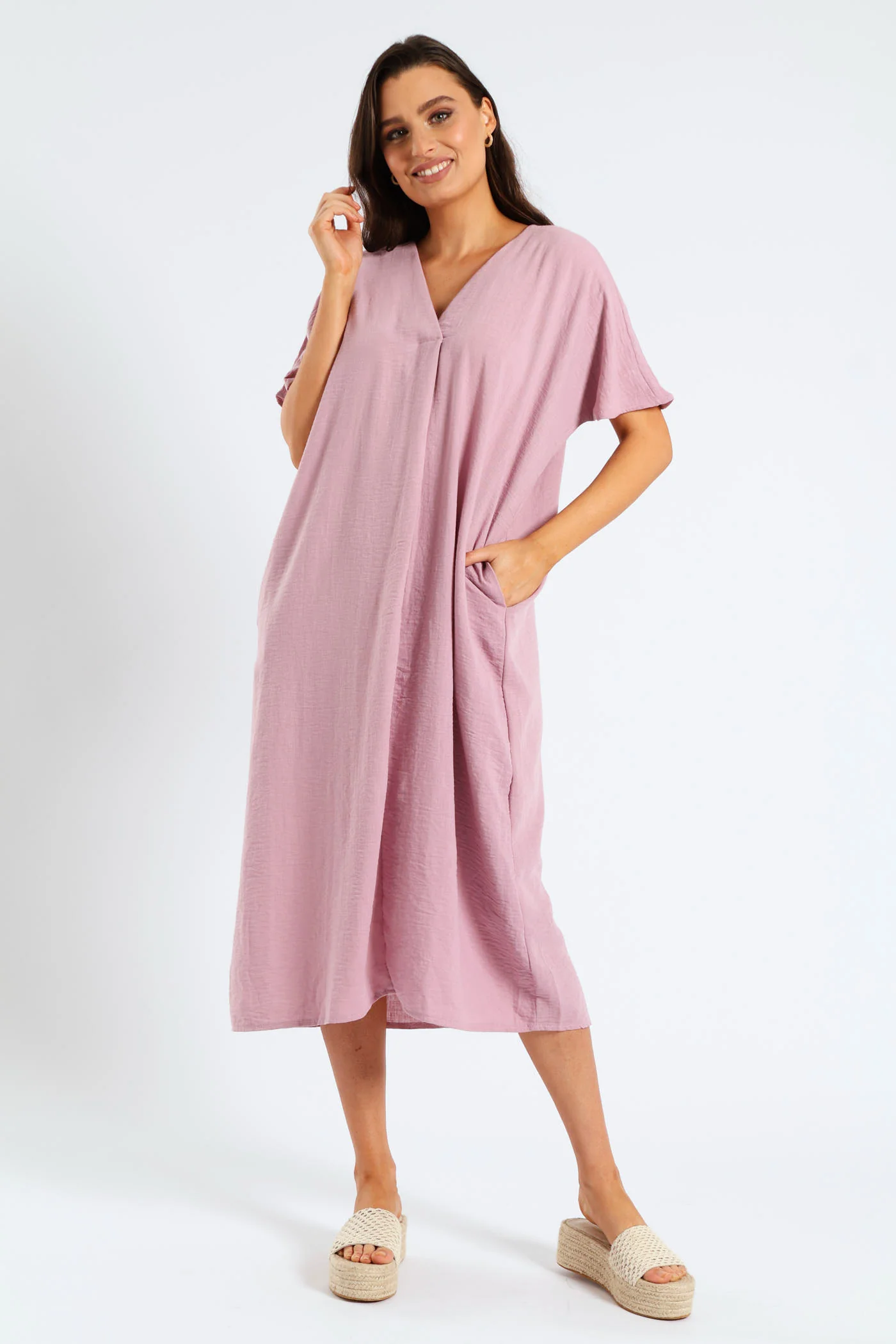V-Neck Pleated Front Kaftan Midi Dress - Mauve