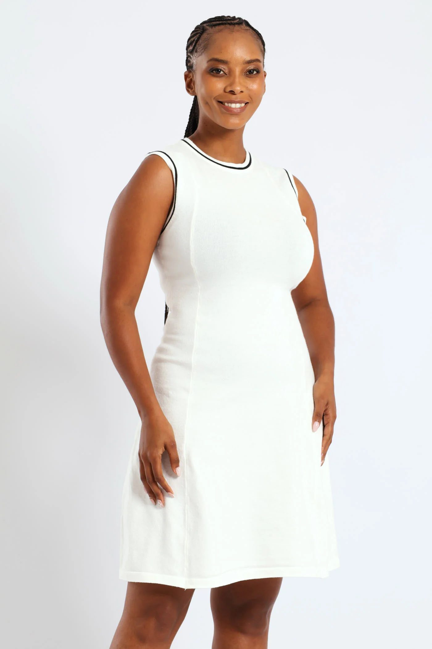 Panelled Tipped Skater Knitwear Dress - Cream