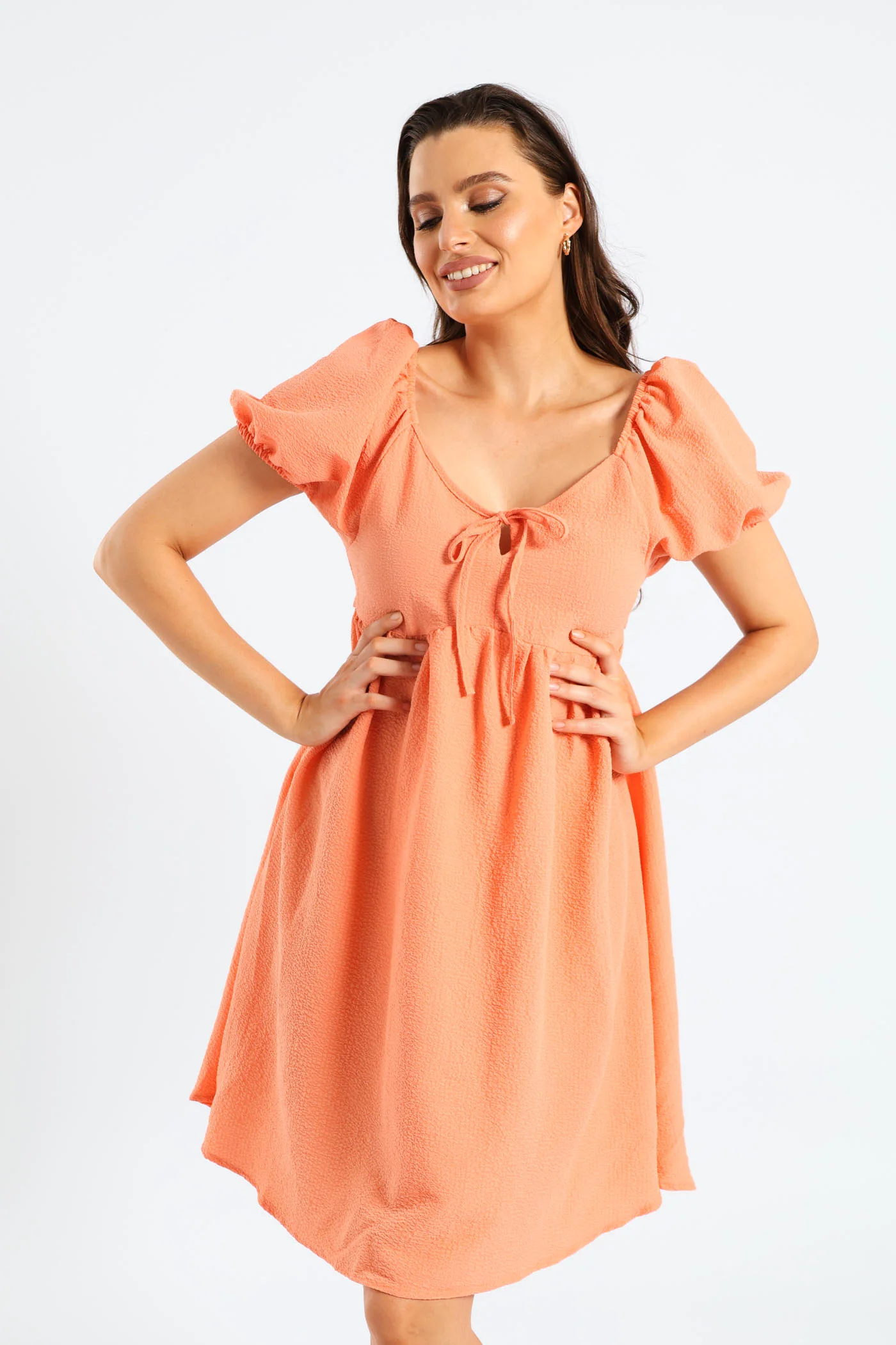 Puff Sleeve Tie-Front Gypsy Mini Dress - Light Coral