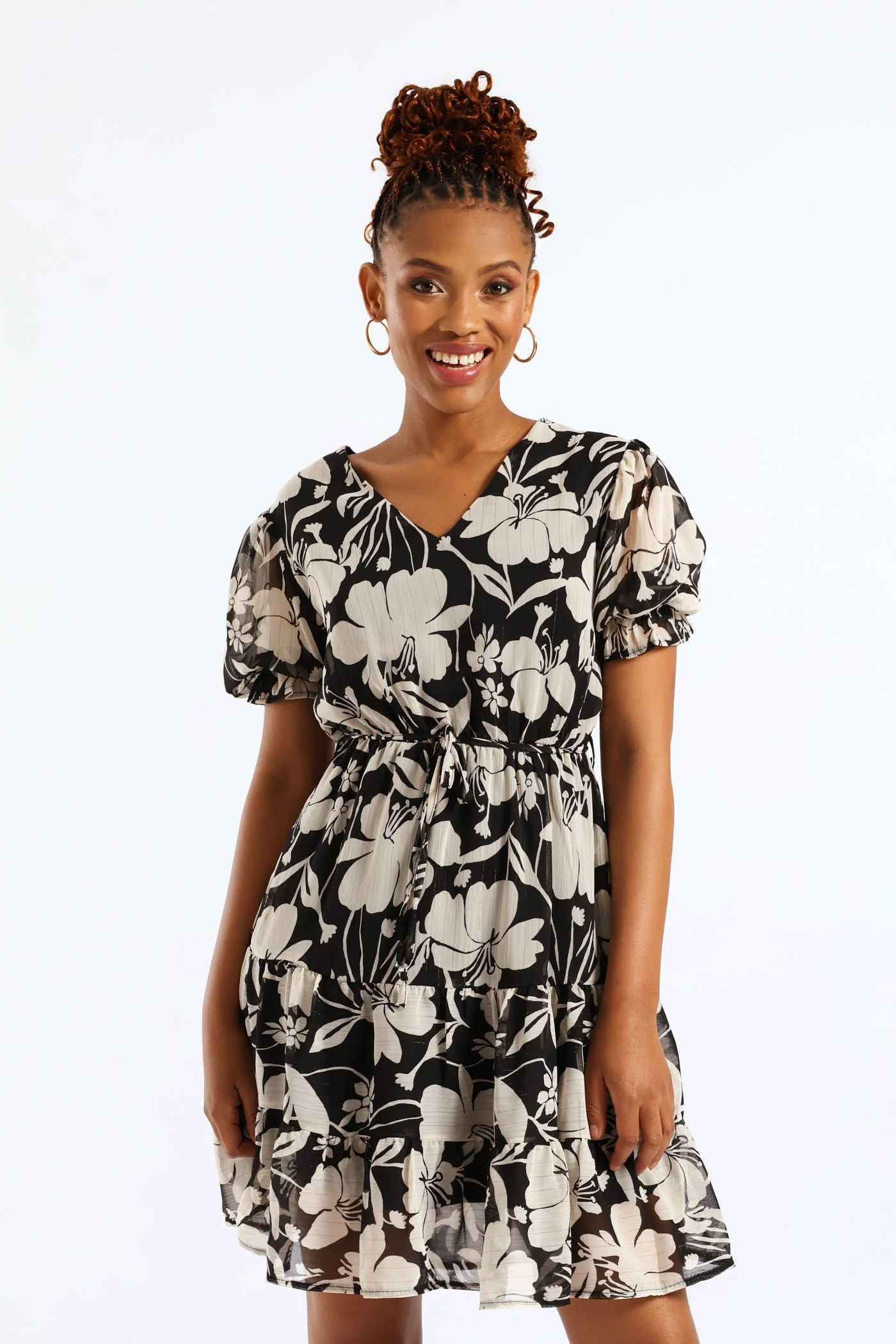 V-Neck Waisted Monochrome Frill Hem Tea Dress - Black/Cream