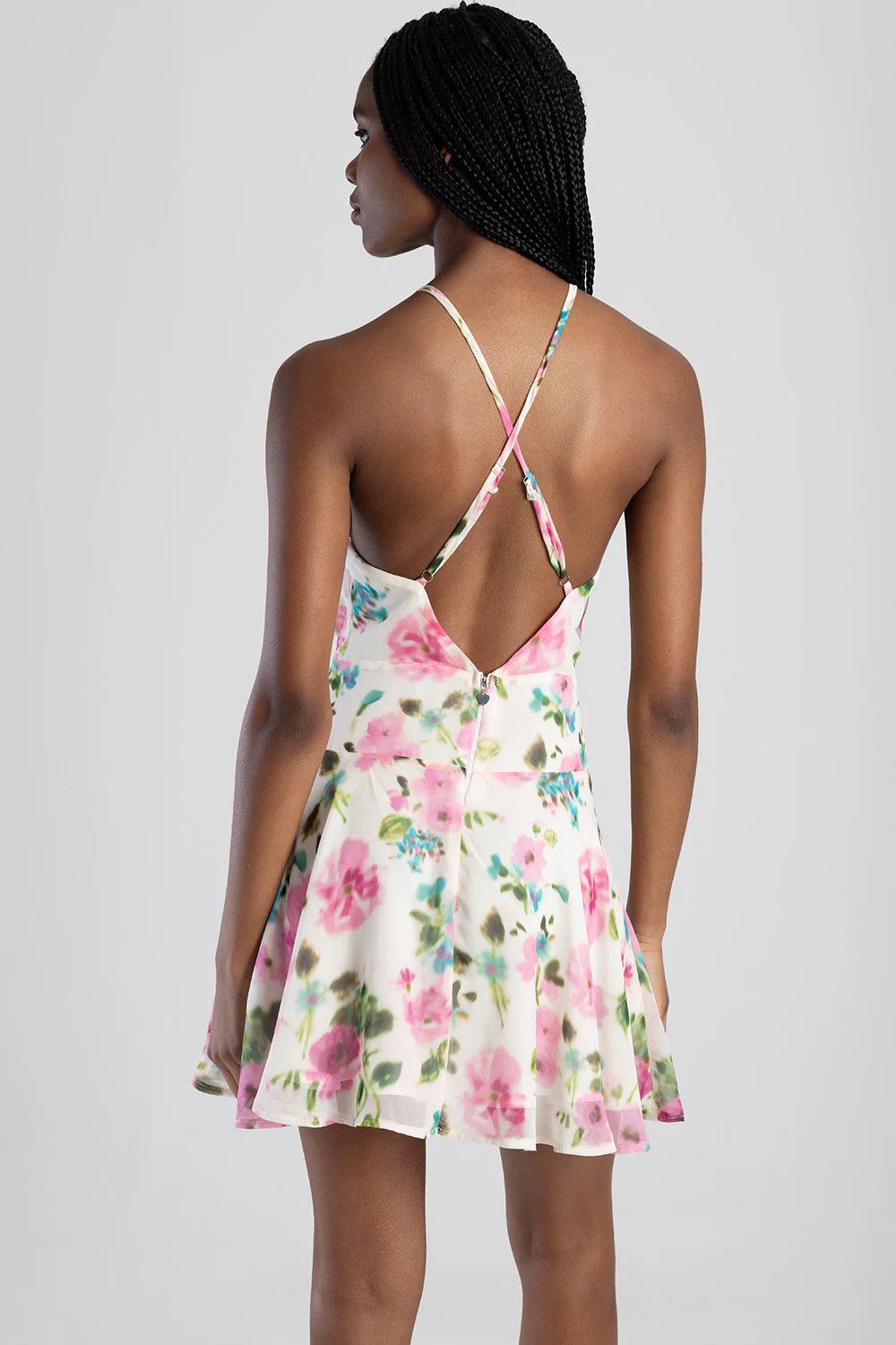 High Neck Drop Waist Blouson Mini Dress - Off White