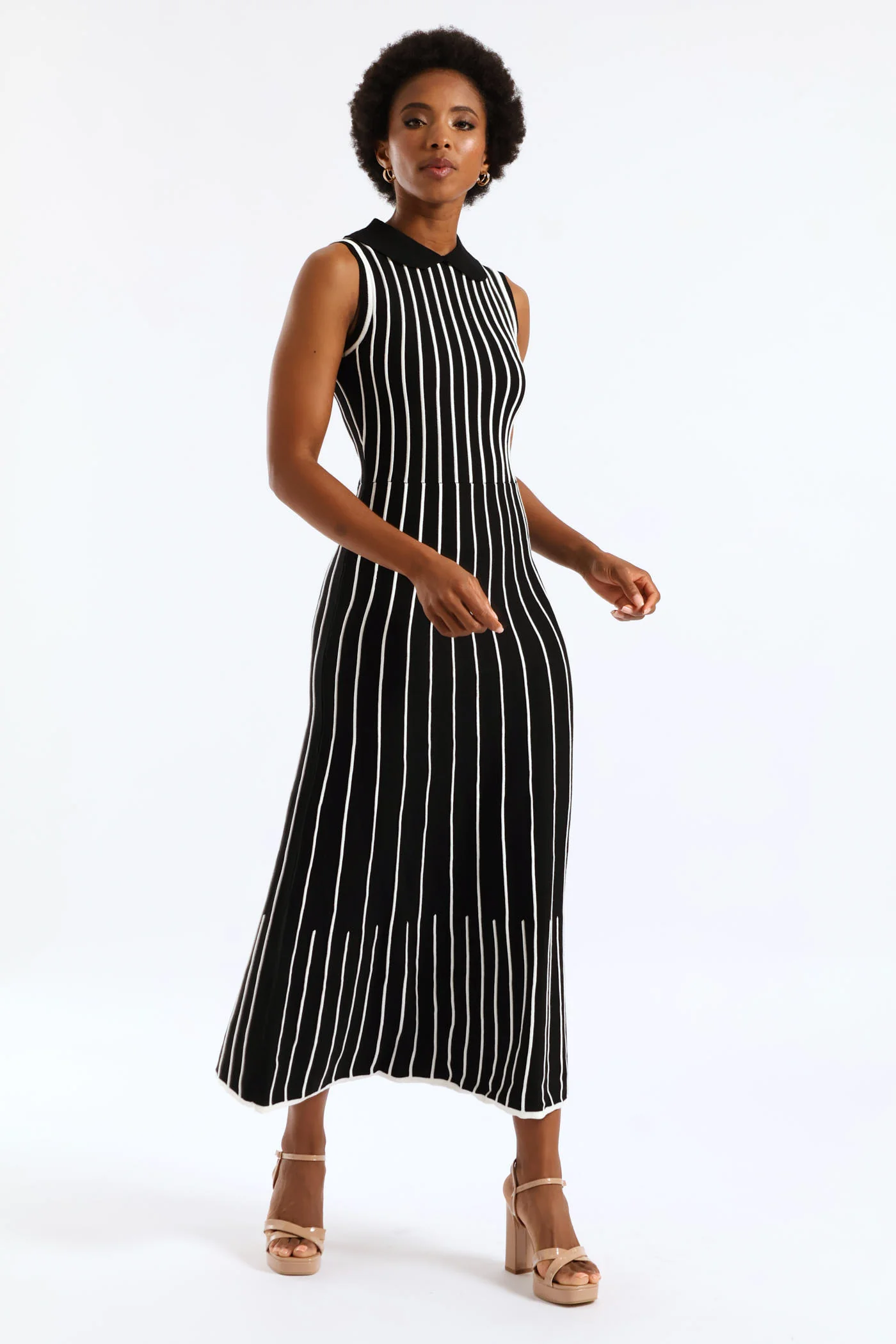 Peterpan Contrast Knitwear Midi Dress - Cream/Black