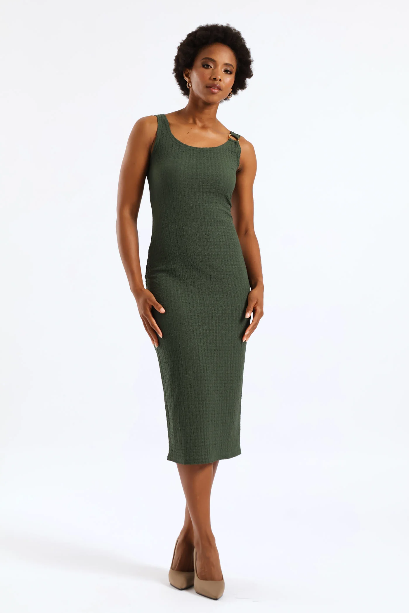 Textured Trim Bodycon Midi Dress - Olive