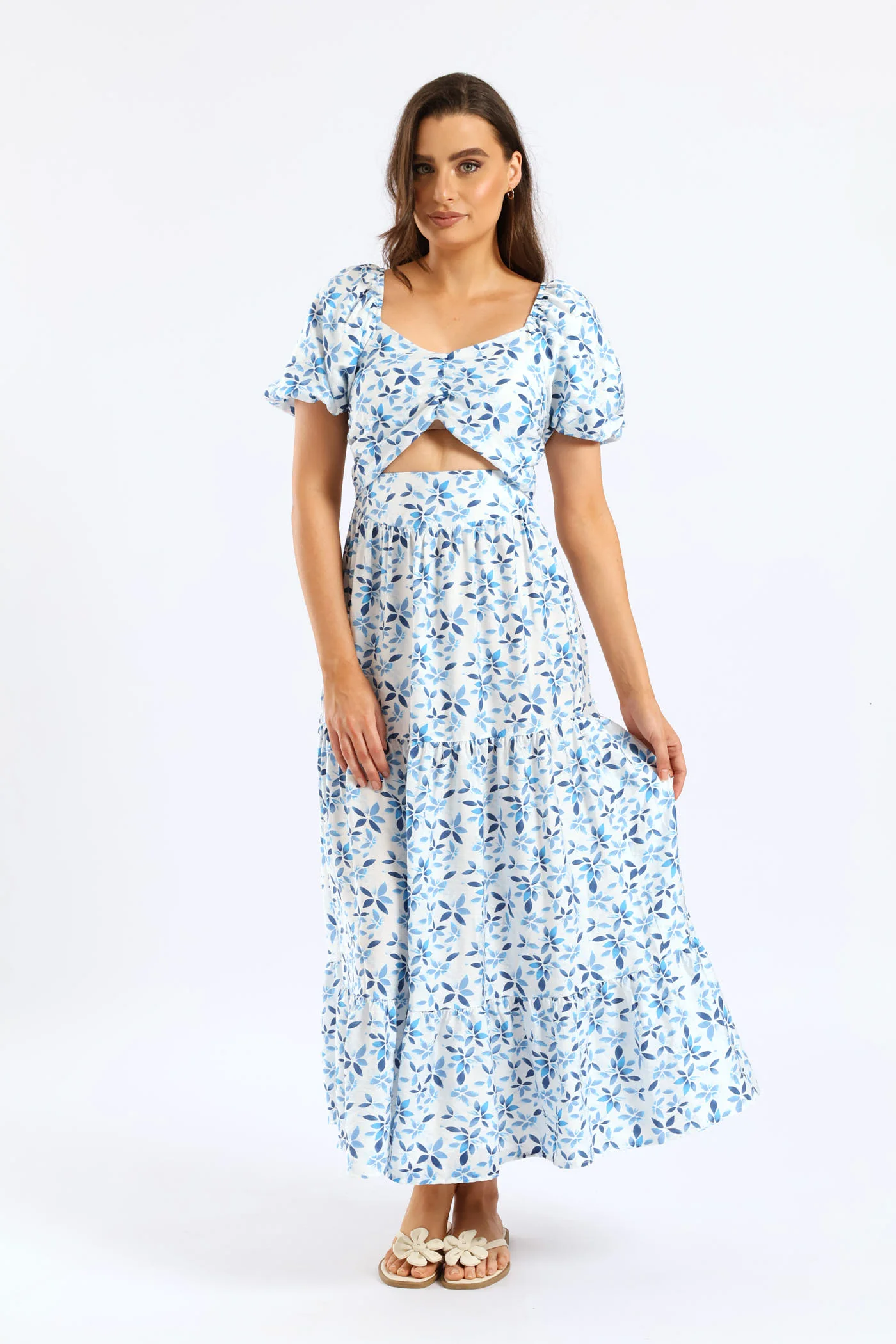 Bubble Sleeve Cut-Out Tiered Maxi Dress - White/Blue
