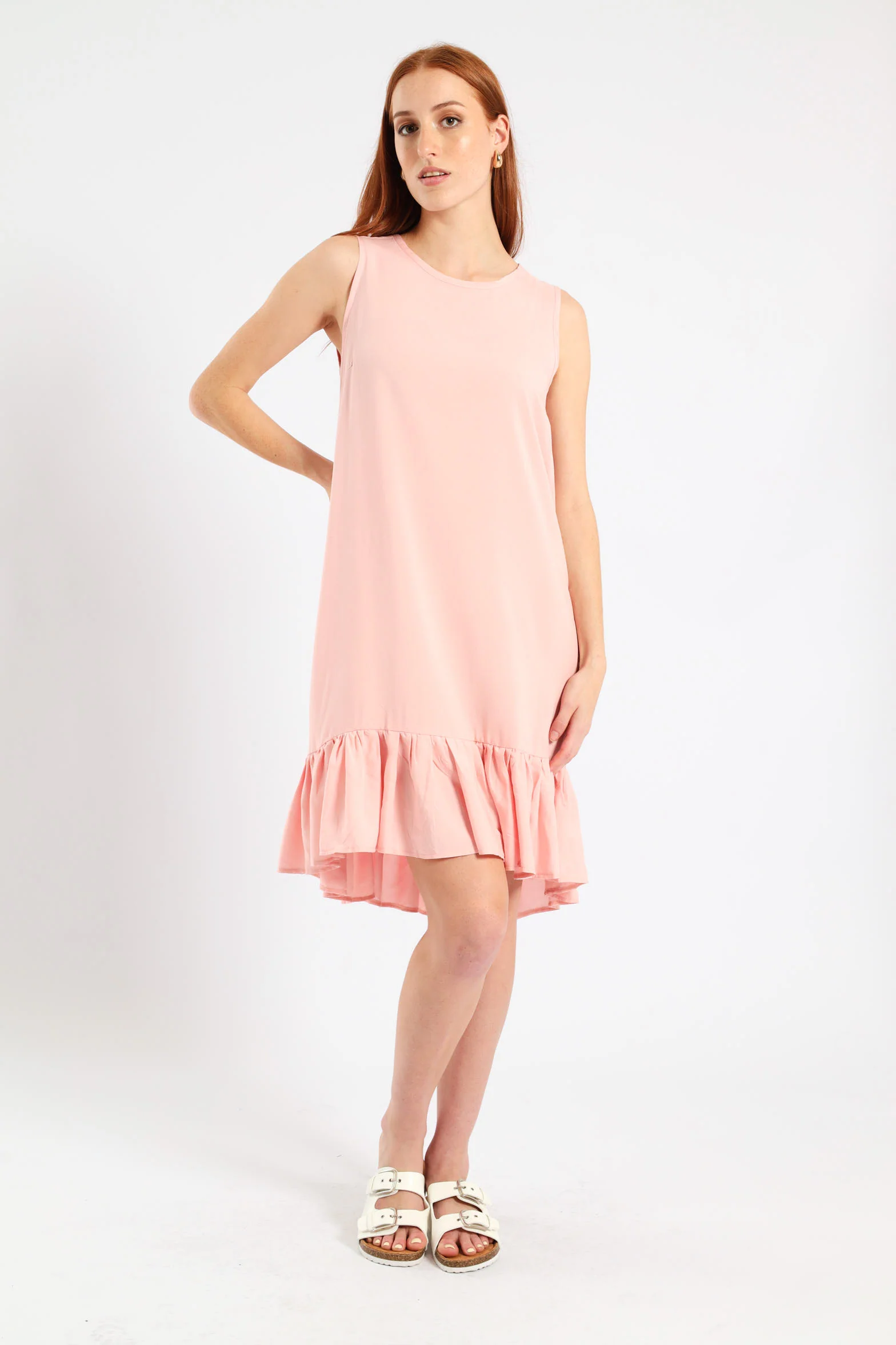 Frill Hem Hi-Lo Shift Mini Dress - Light Pink