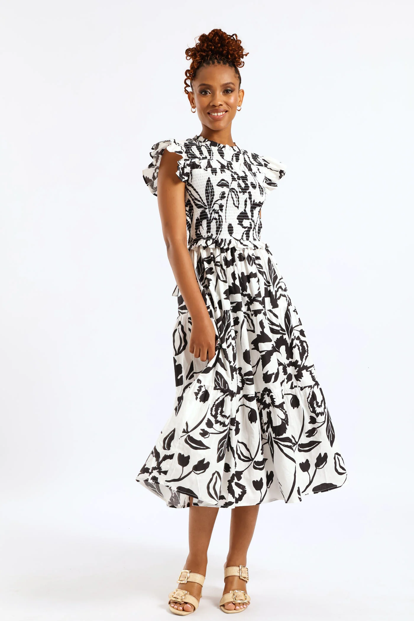 Frill Neck Shirred Bodice Tiered Tie-Back Midaxi Dress - White/Black