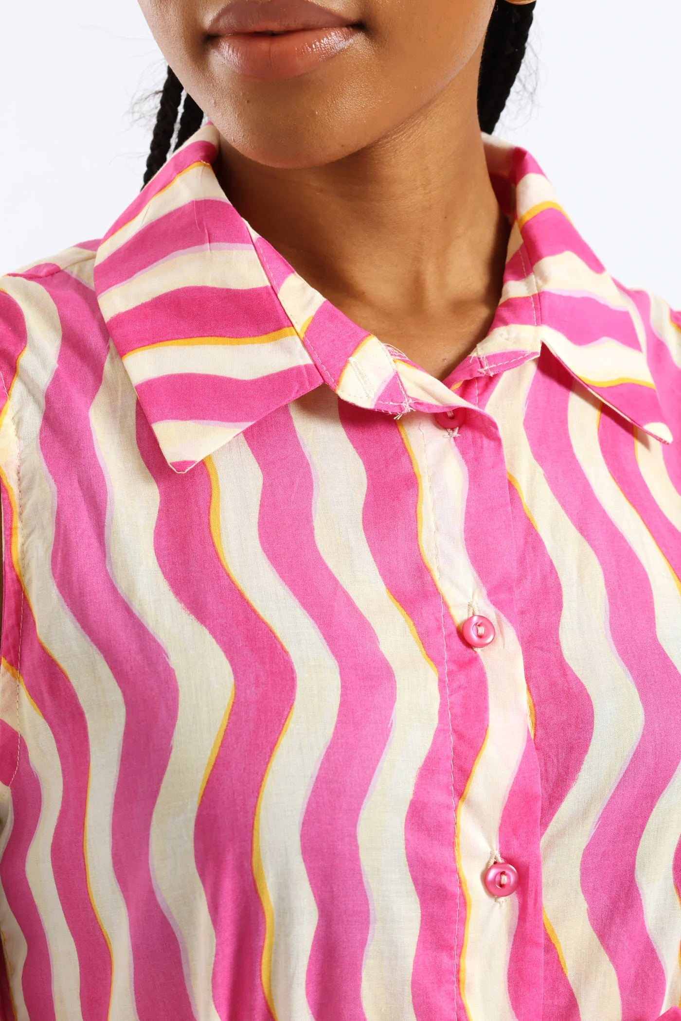 Fit & Flare Belted Midi Shirt Dress - White/Pink