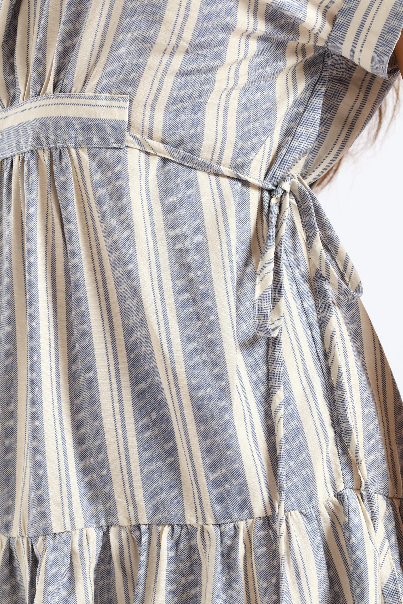 Turnup Sleeve Drawstring Waist Tiered Mini Dress - Cream/Blue