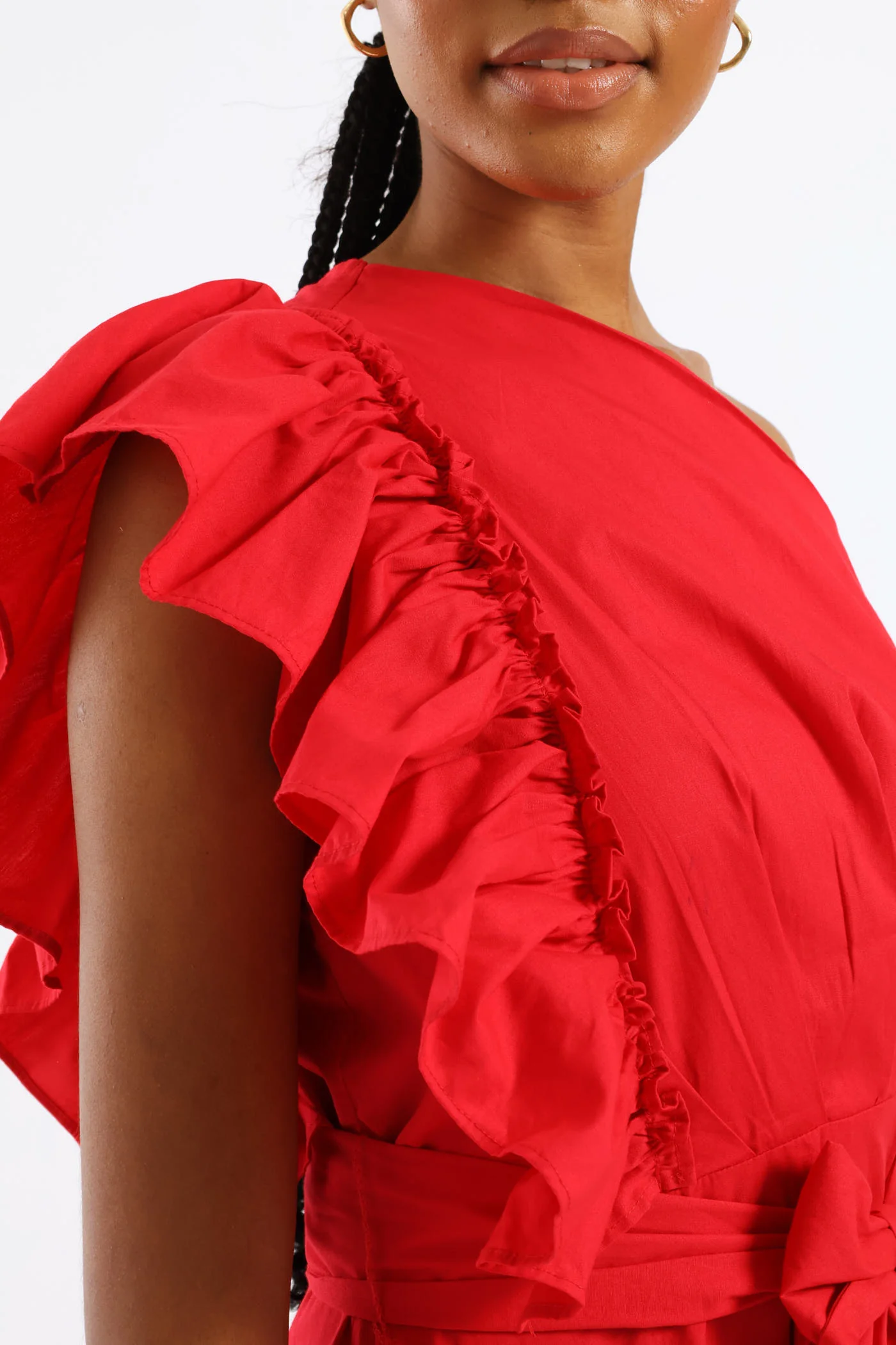 Frill One Shoulder Fit & Flare Self Belted Midi Dress - Rose Red