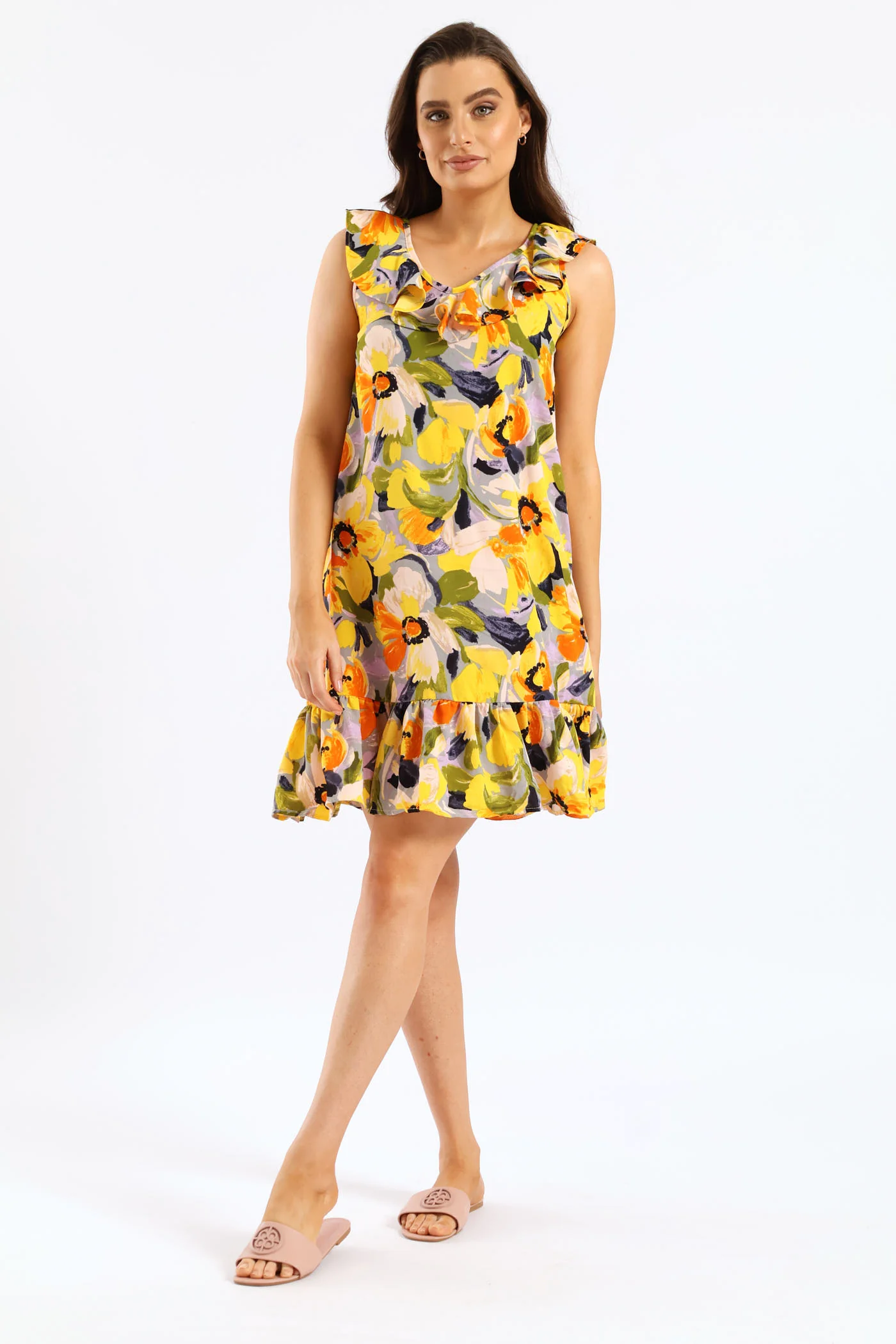 V-Neck Frill Hem Printed Mini Dress - Multi