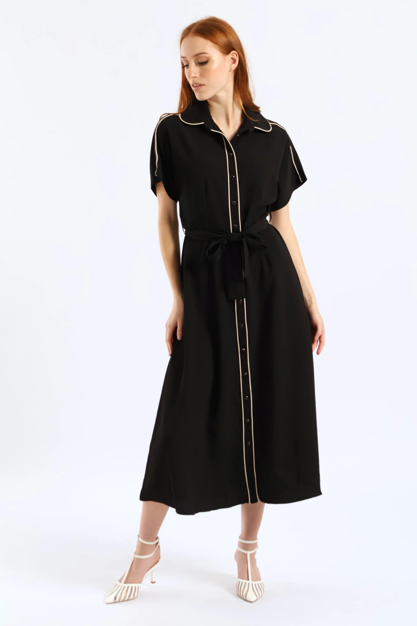 Belted Contrast Tipped Shirt Dress - Black/Cream