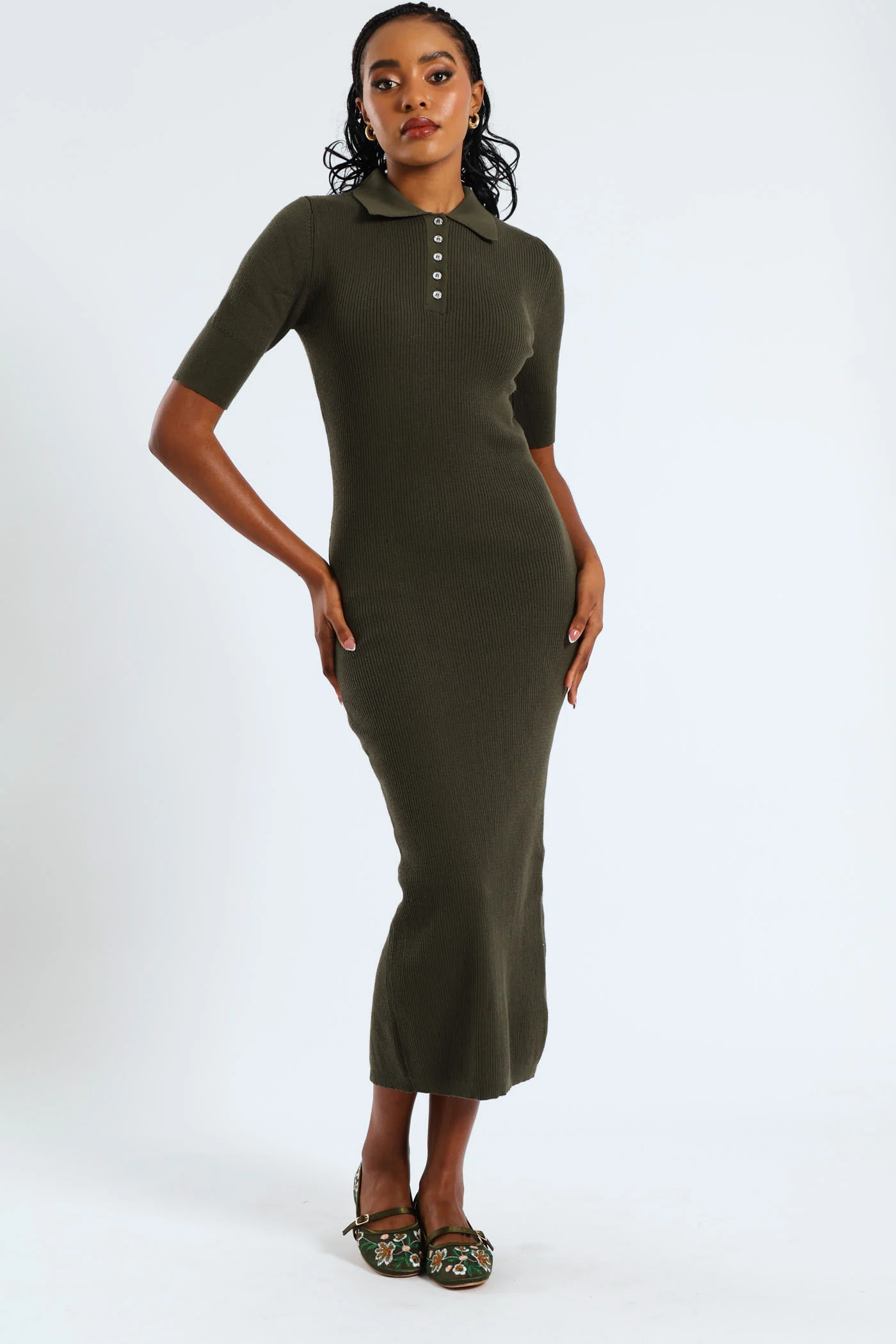 1/2 Placket Collared Knitwear Midaxi Dress - Dark Fatigue
