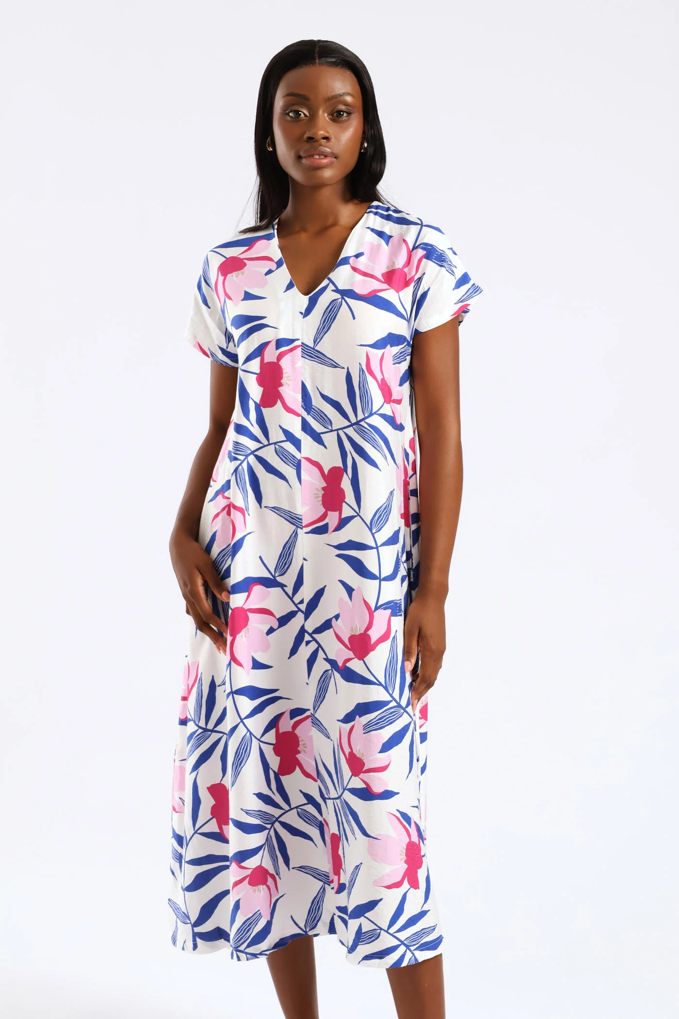 V-Neck Flared Kaftan Midi Dress - White/Blue