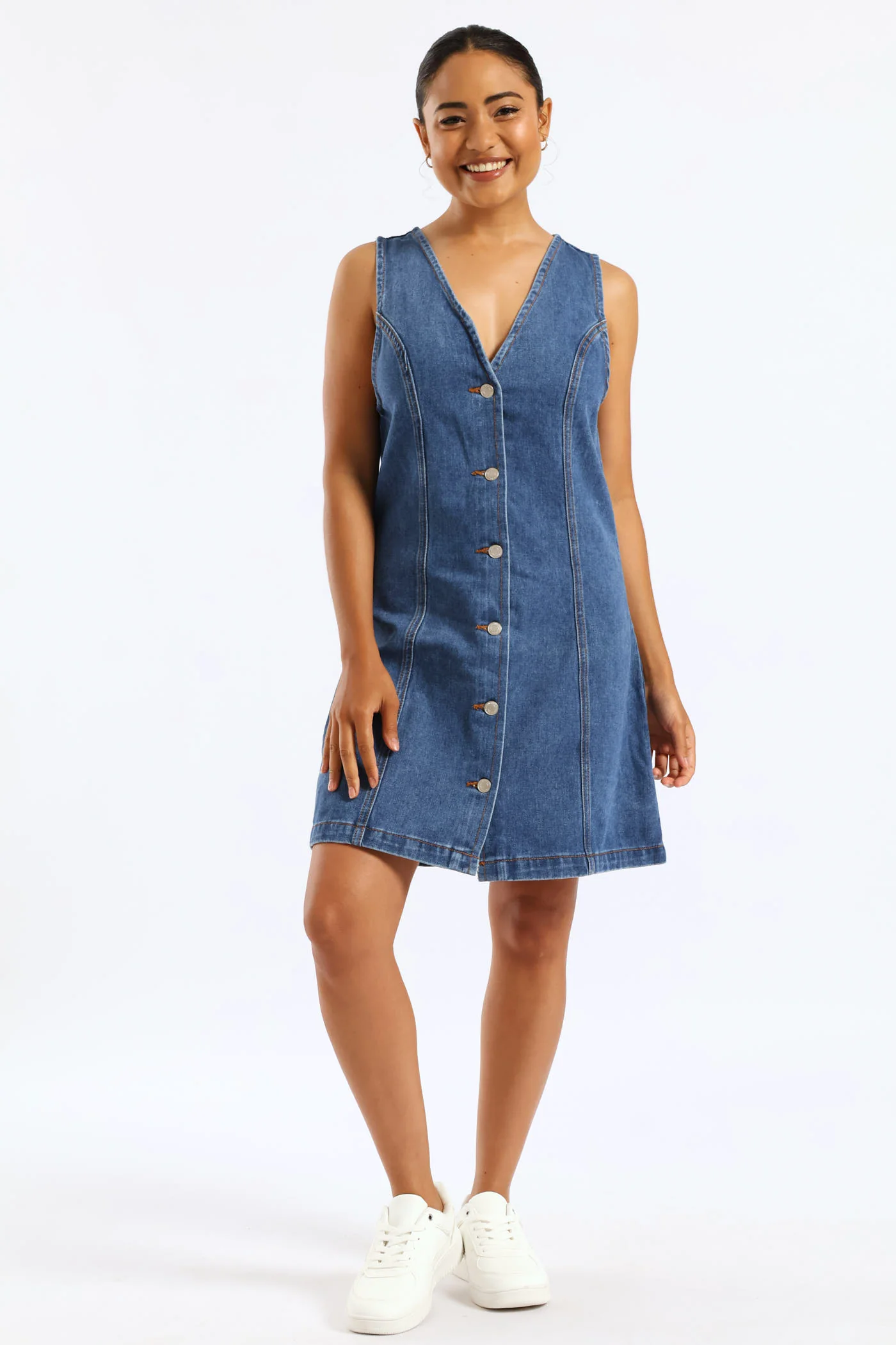 Button Through Denim Mini Dress - Salty Mid Wash