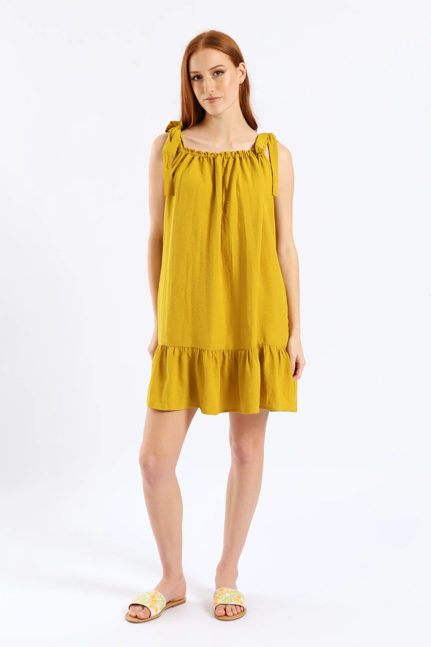 Shoulder Tie Frill Hem Mini Dress - Mustard