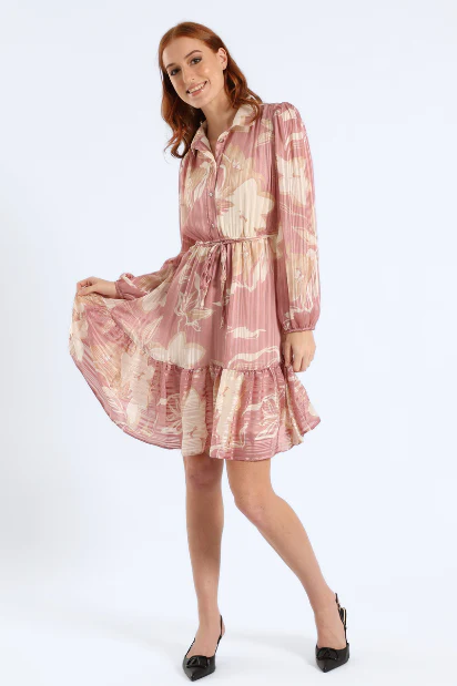 Button Through Tiered Floral Tea Dress - Pink