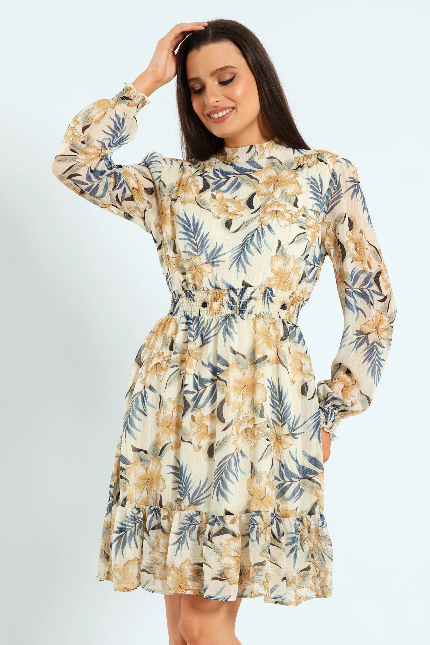 High Neck Shirred Waisted Tea Dress