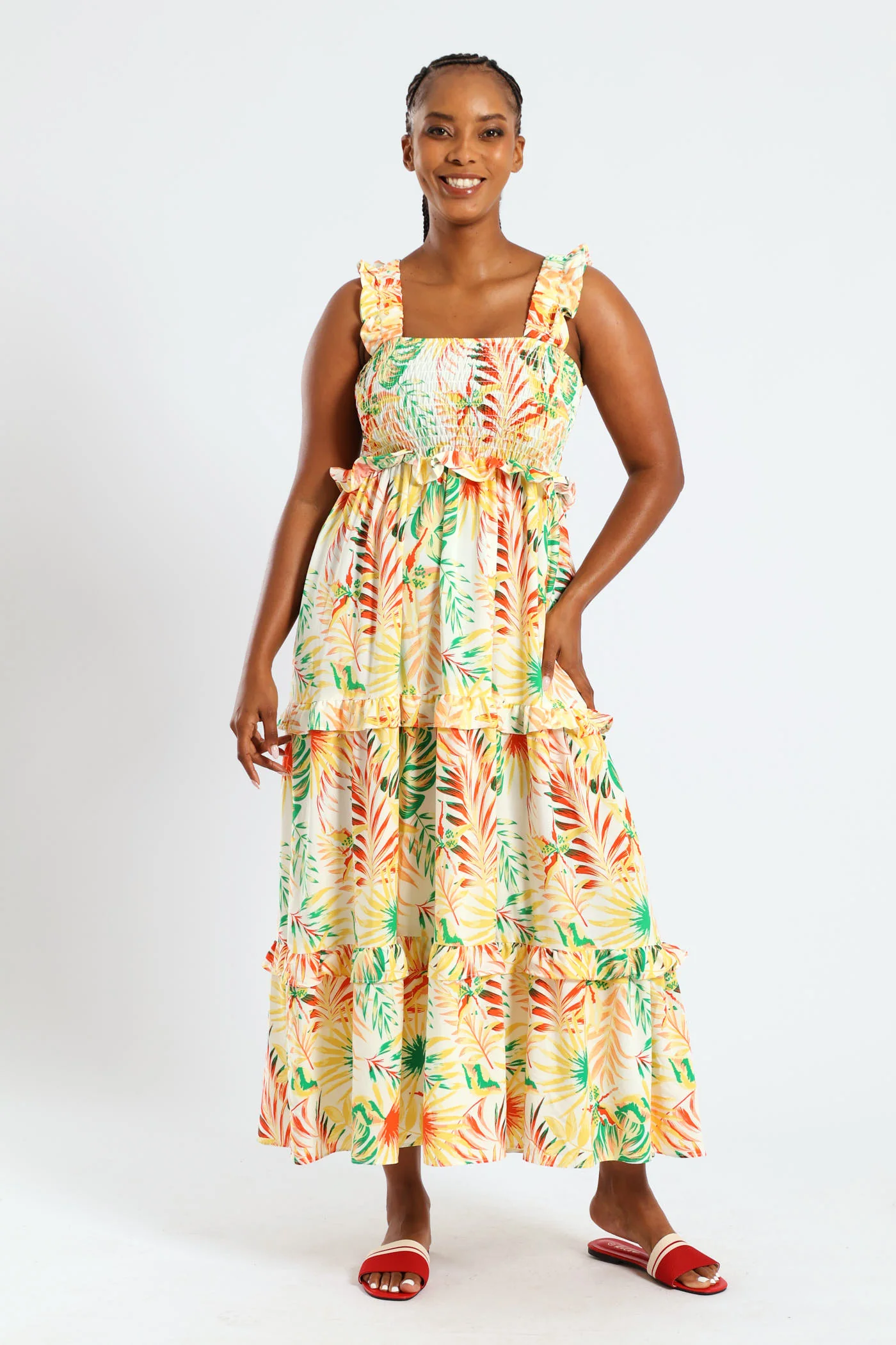 Frill Strap Shirred Tiered Maxi Dress - Multi