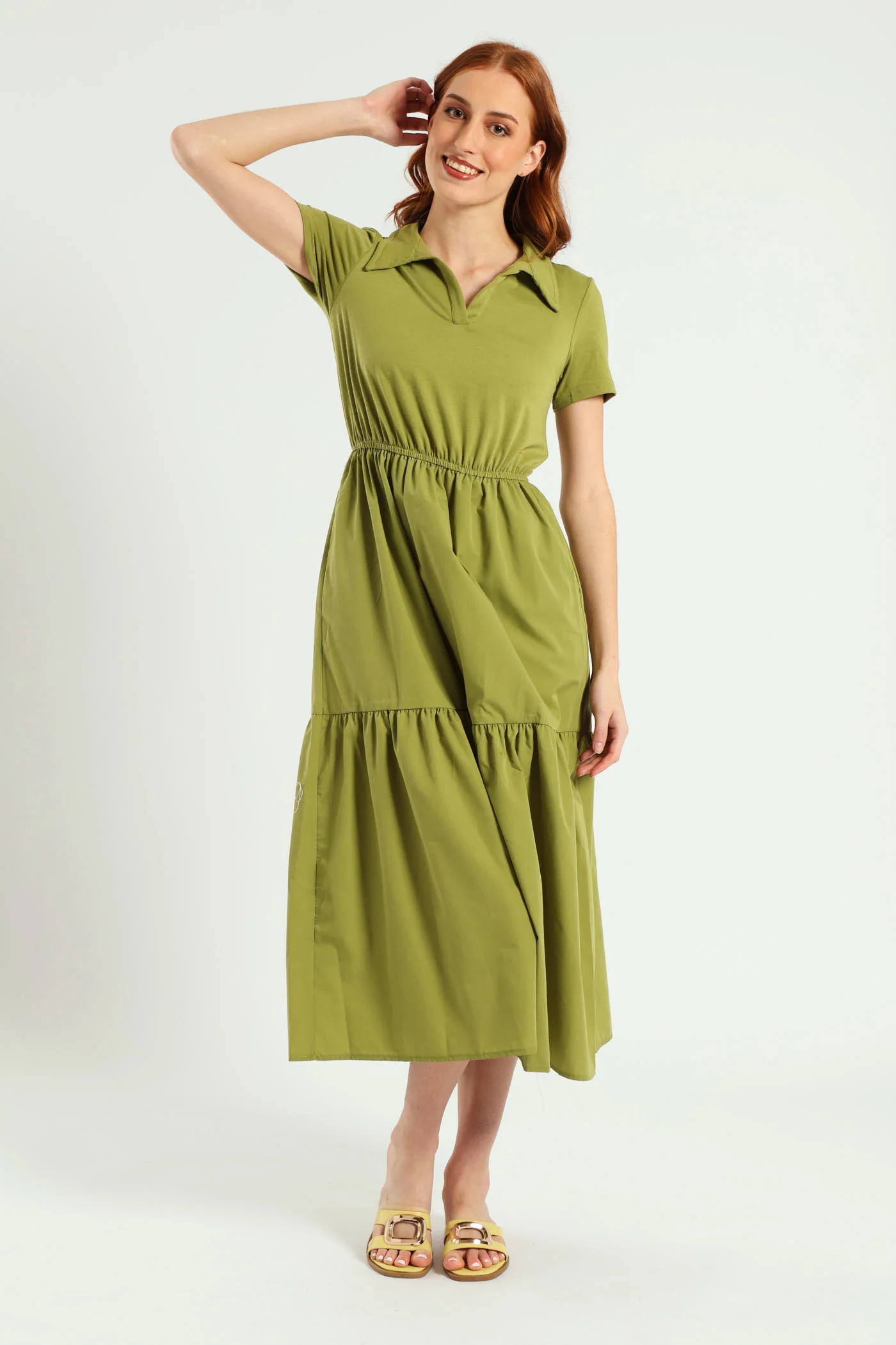 Jonny Collar Tiered Cotton Combo Midaxi Dress - Olive