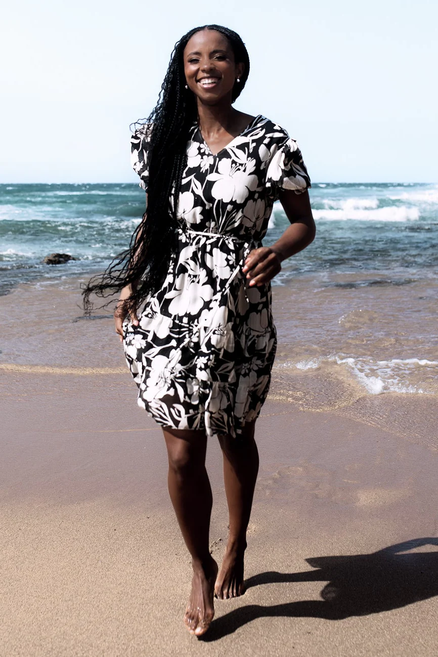 V-Neck Waisted Monochrome Frill Hem Tea Dress - Black/Cream