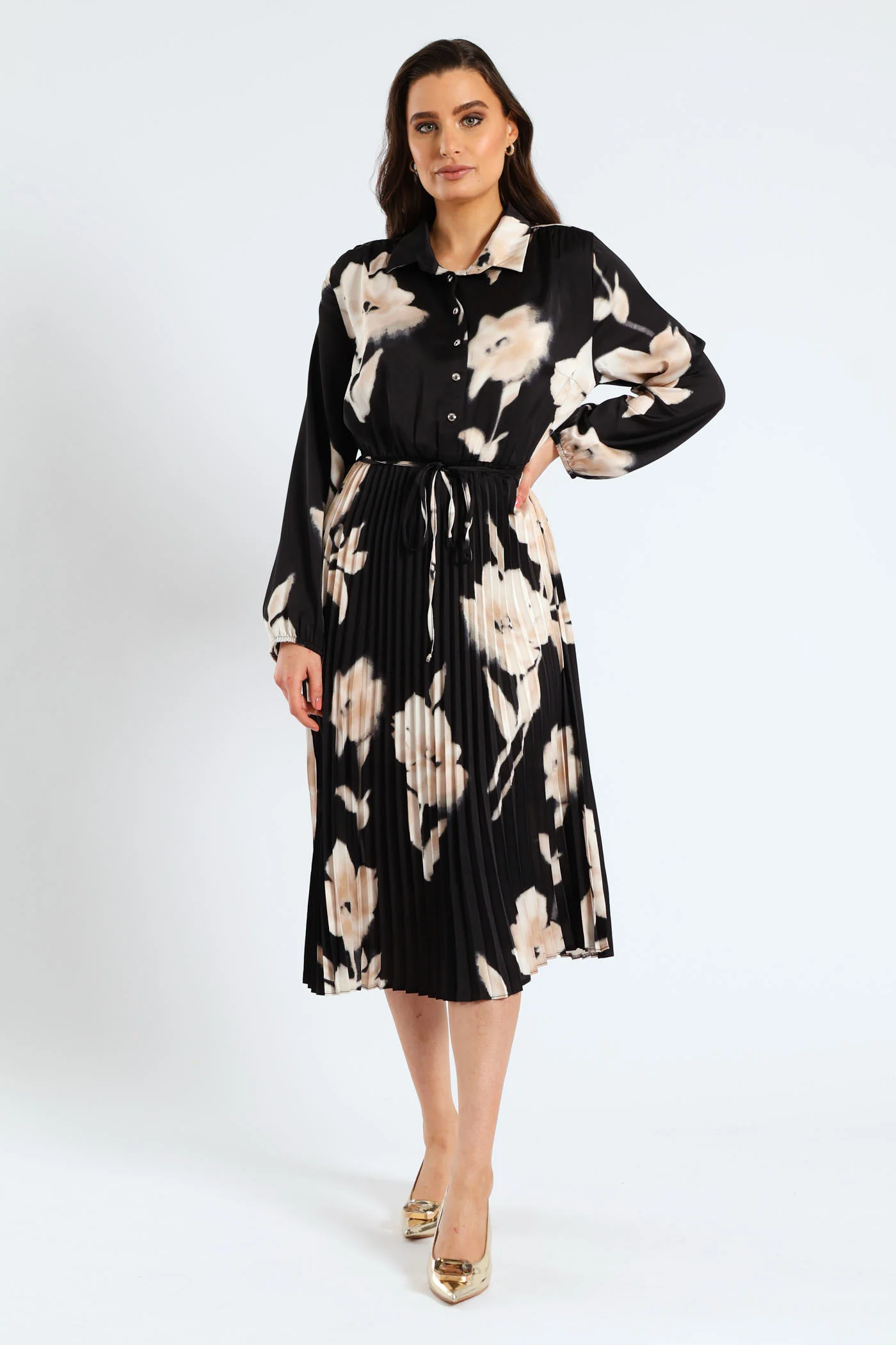 Monochrome Satin Pleated Maxi Dress - Black/Cream