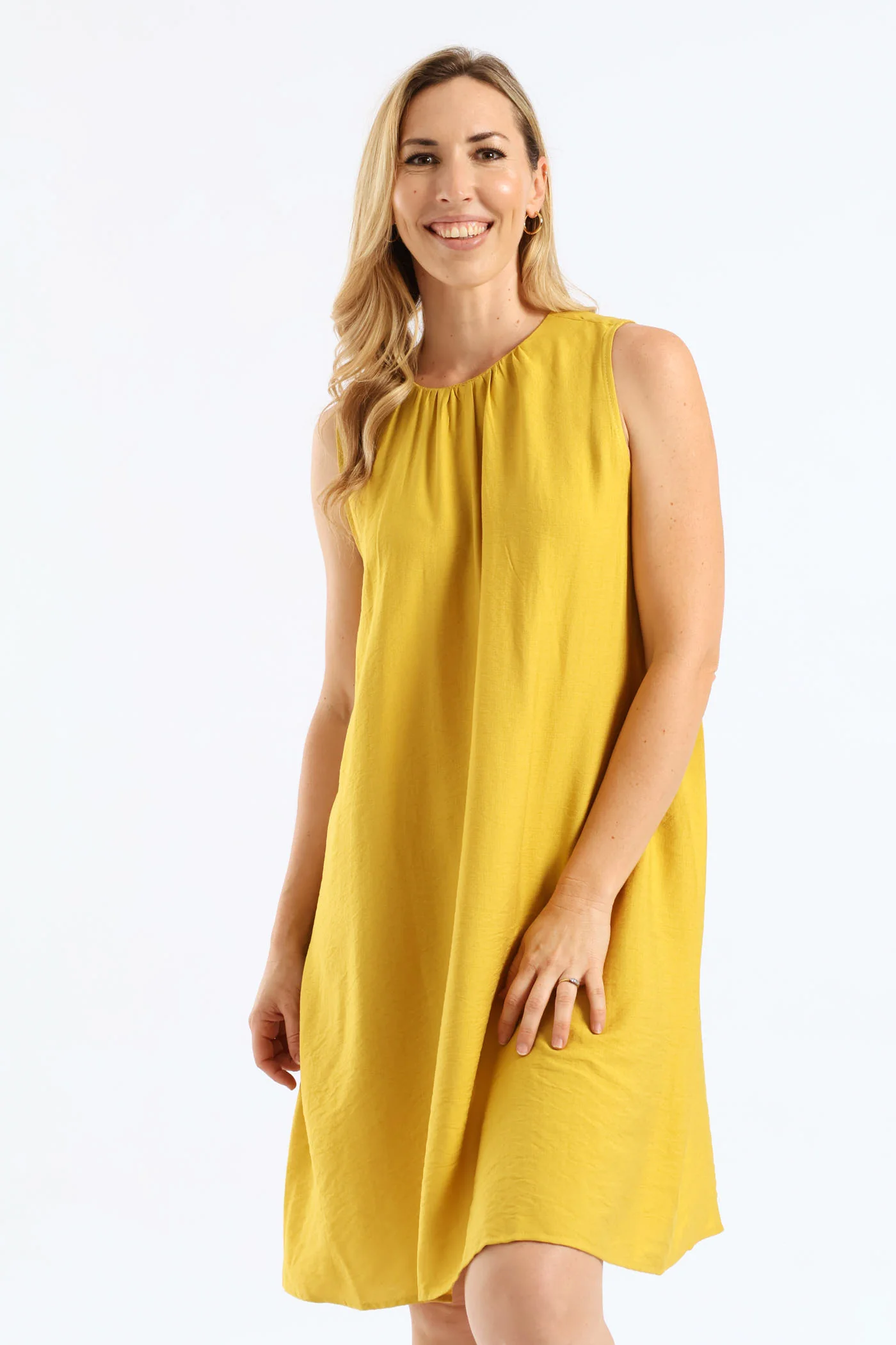 Gauged Neck Shift Mini Dress - Ochre