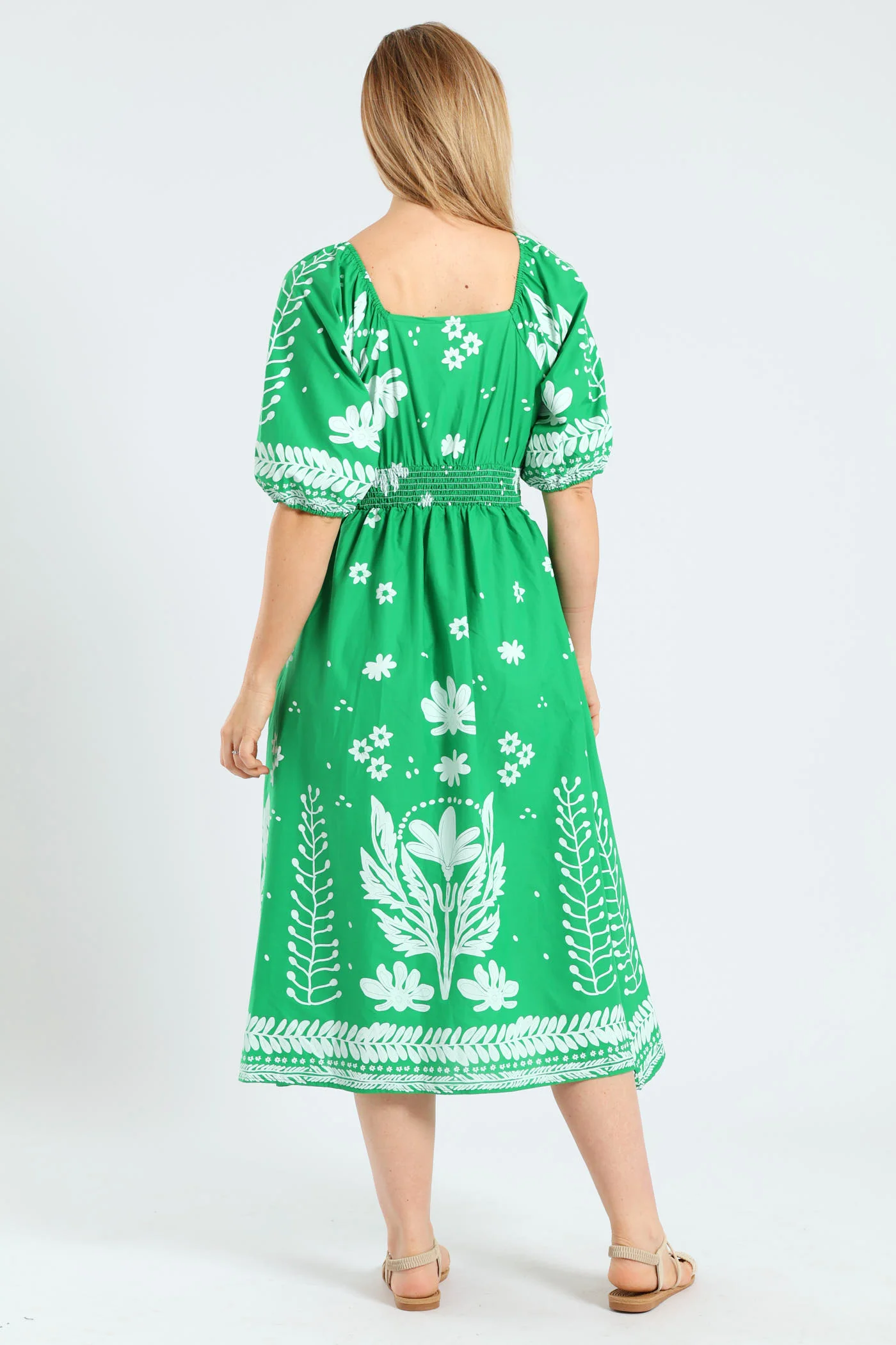 3/4 Sleeve V-Neck Border Print Midaxi Dress - Emerald
