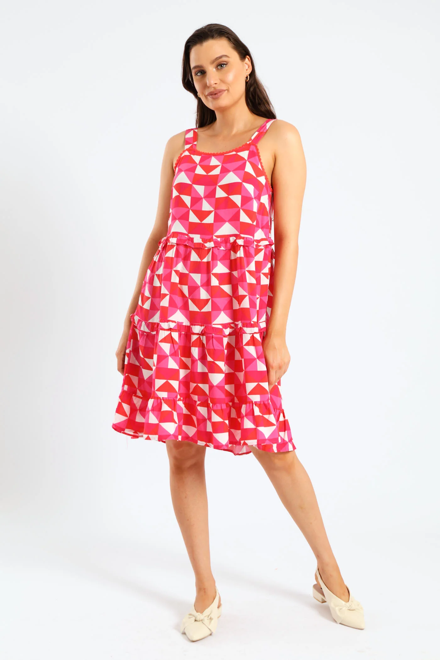 Rickrack Detail Tiered Mini Sun Dress - White/Pink