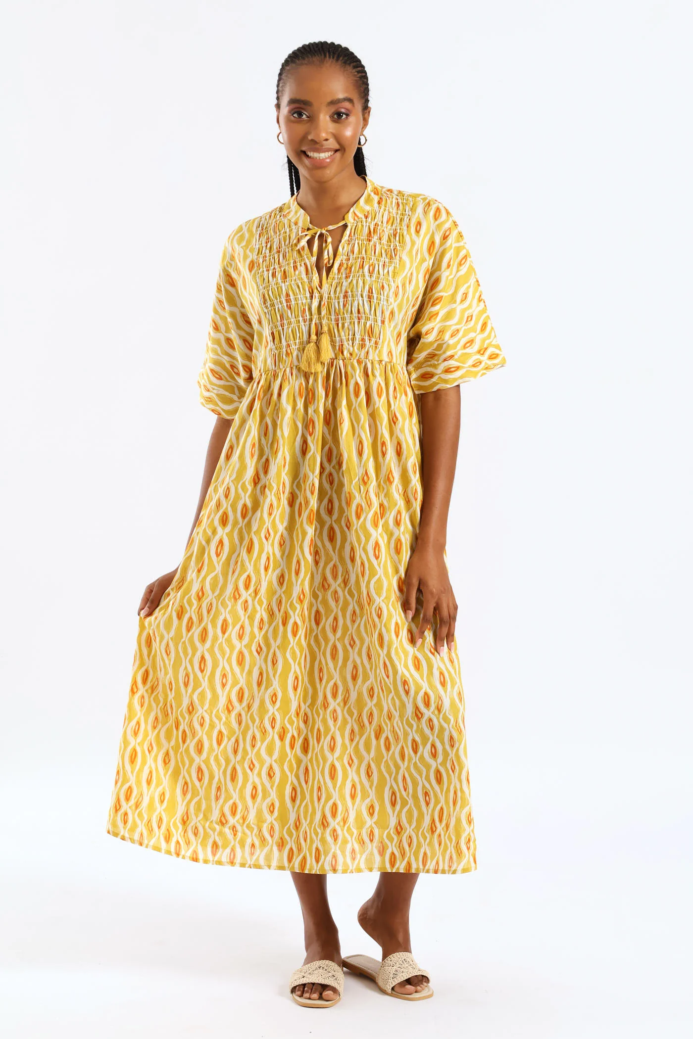 Mandarin Collar Shirred Bib Midi Dress - Ochre