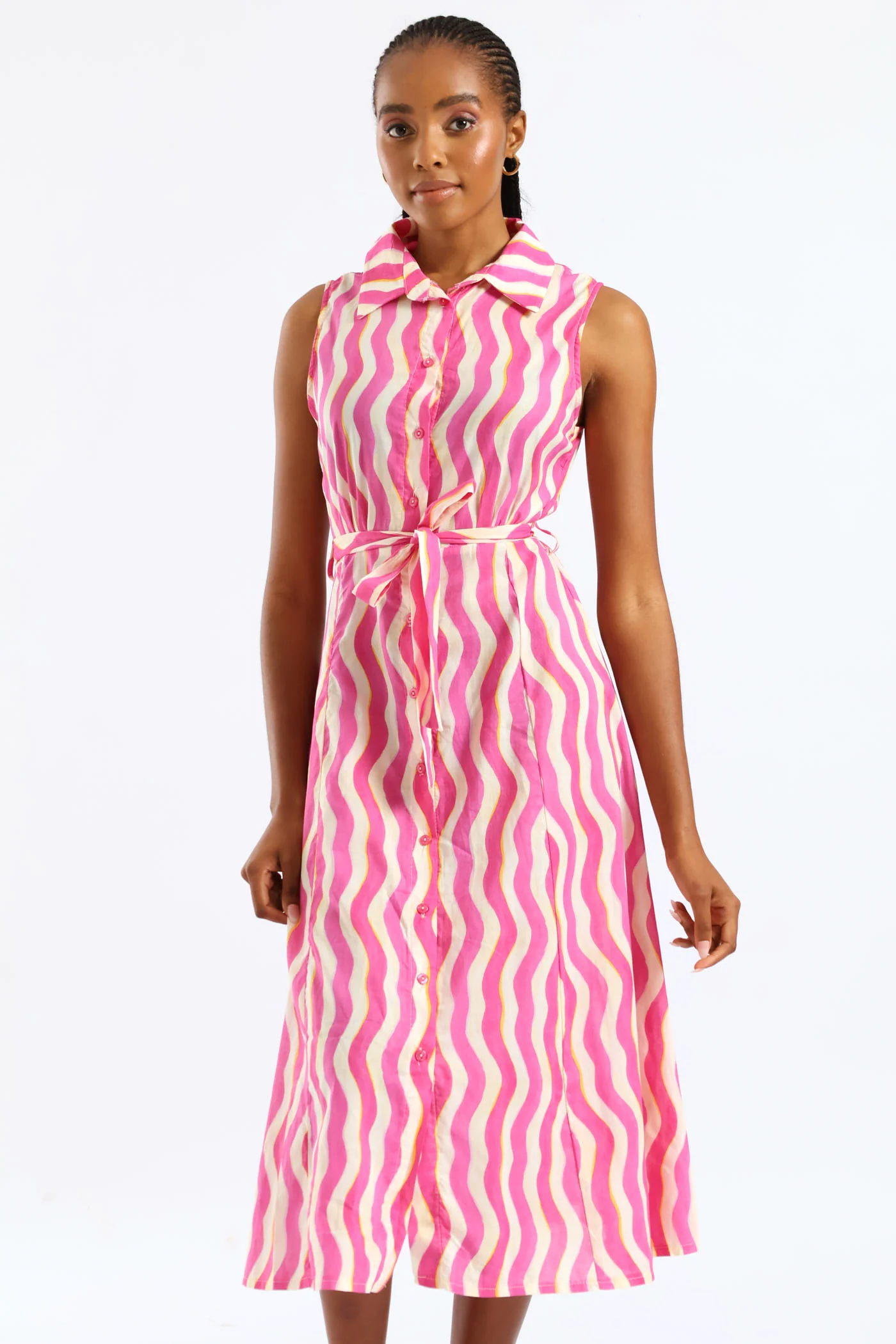 Fit & Flare Belted Midi Shirt Dress - White/Pink