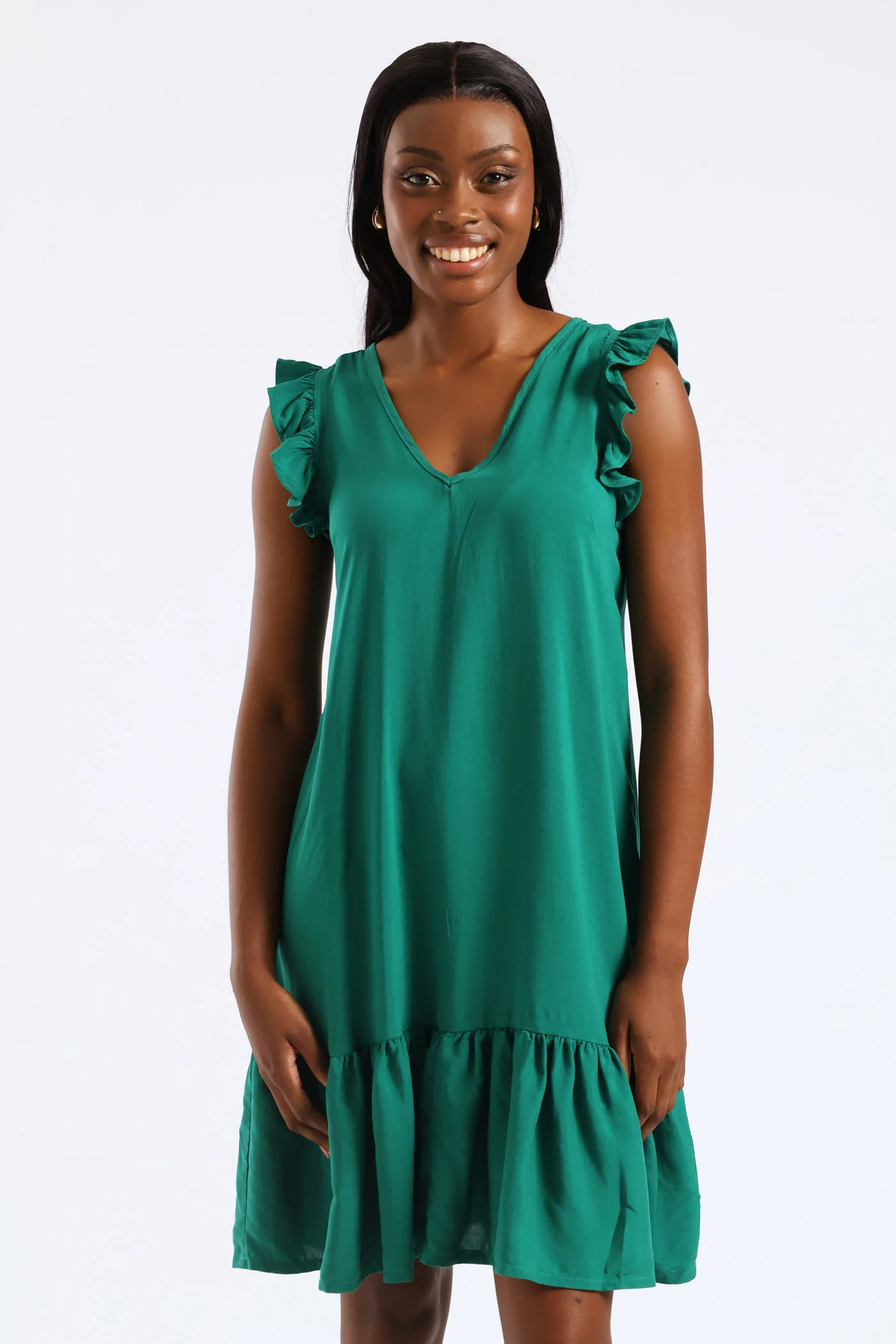 V-Neck Frill Sleeve Tie Detail Drop Hem Mini Dress - Meadow Green