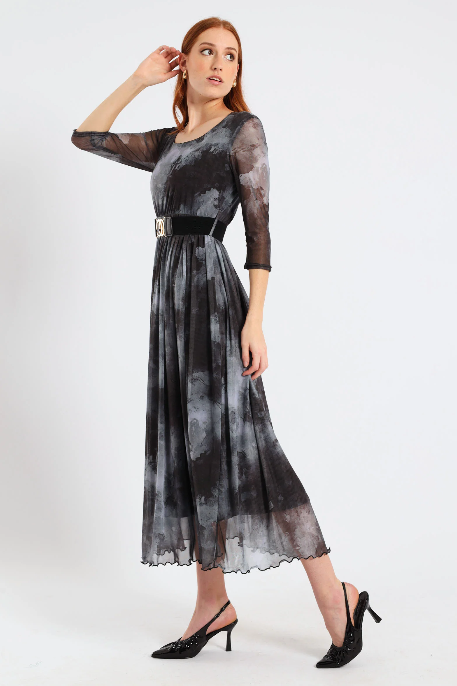 Pleated Mesh Maxi Dress - Marble Grey