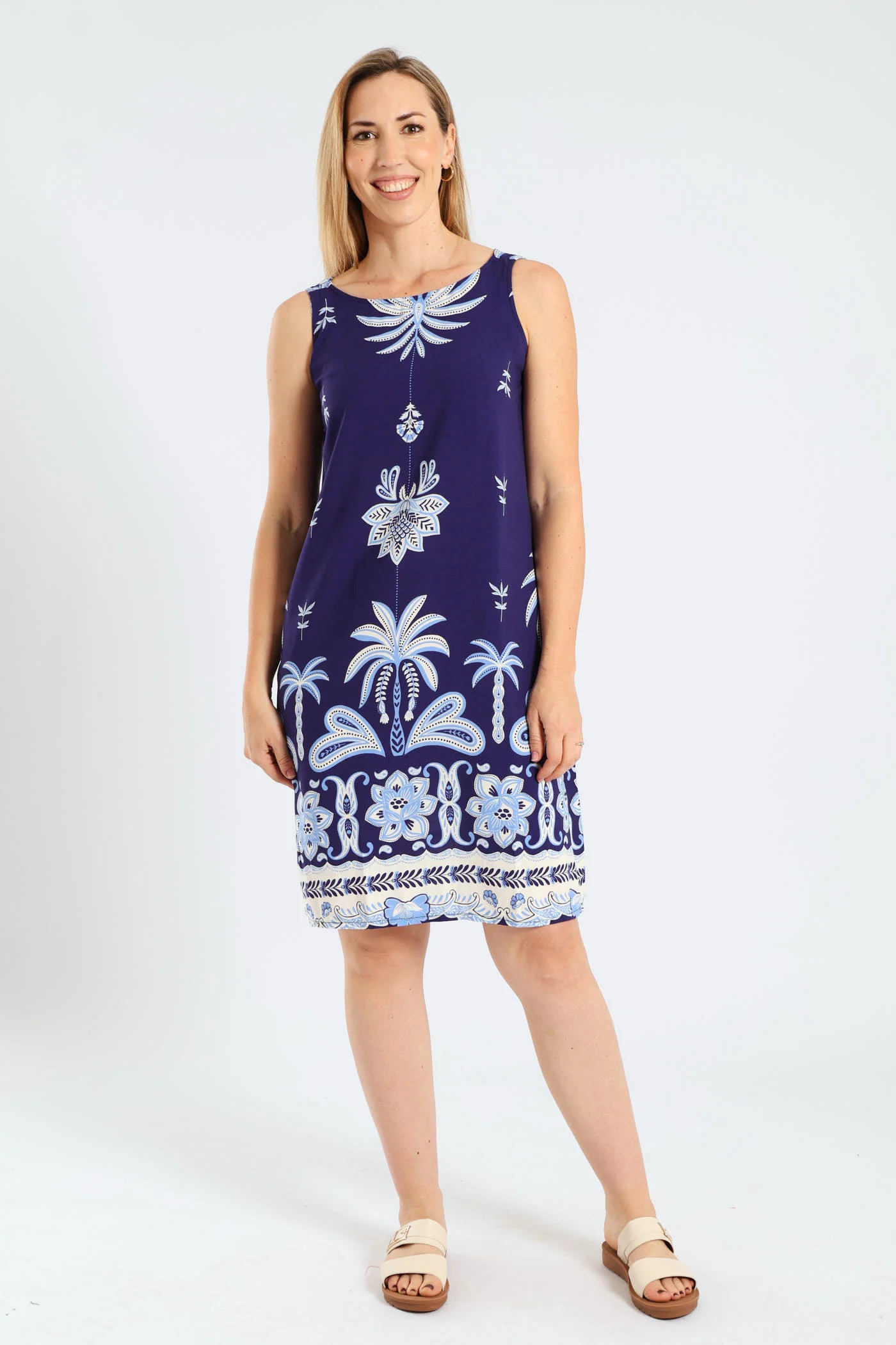 Printed Border Shift Dress - Navy/White